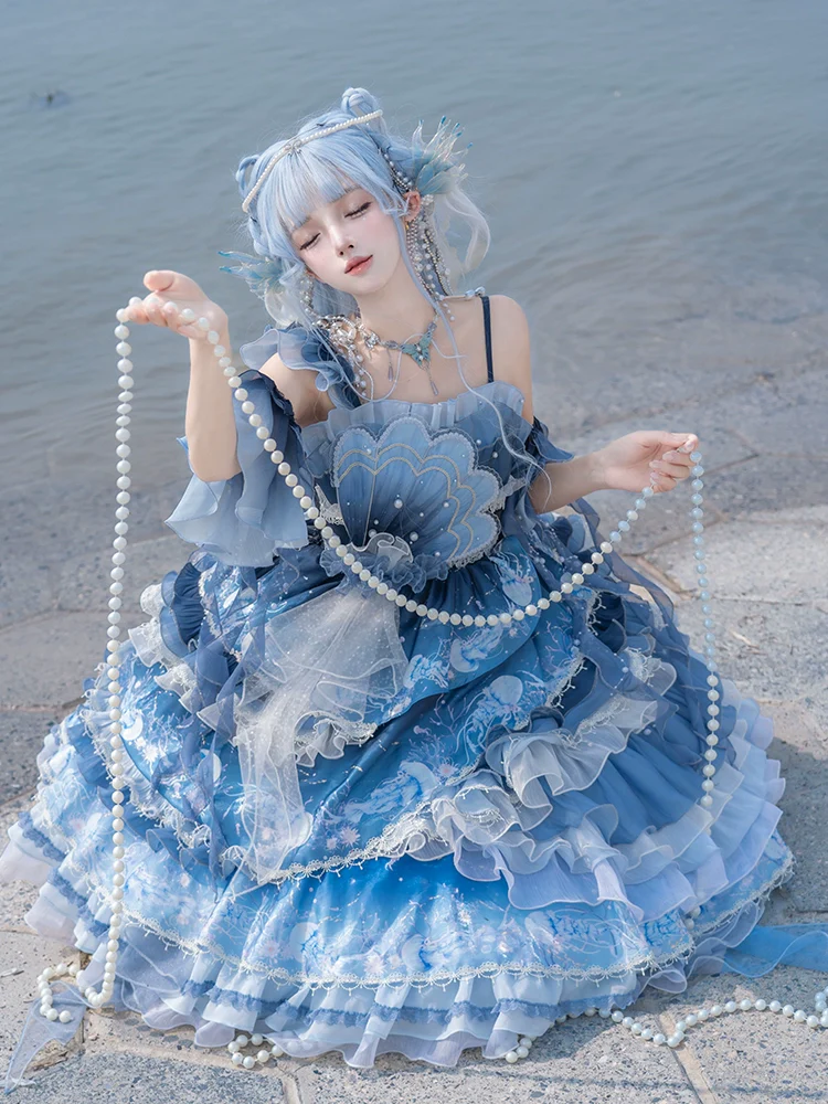 Blue Breath Jellyfish - Classic Lolita Jumper Dress, Side Zipper - Image 3