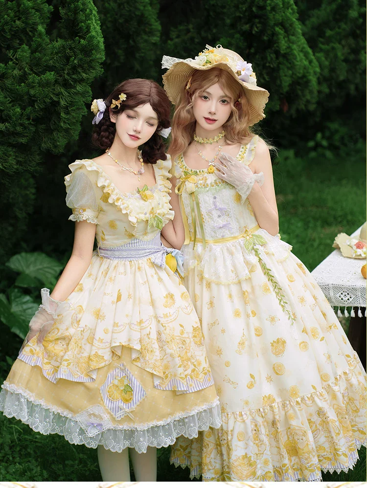 Lemon Drop - Classic Lolita Lemon & Bear Printed OP Dress - Image 10