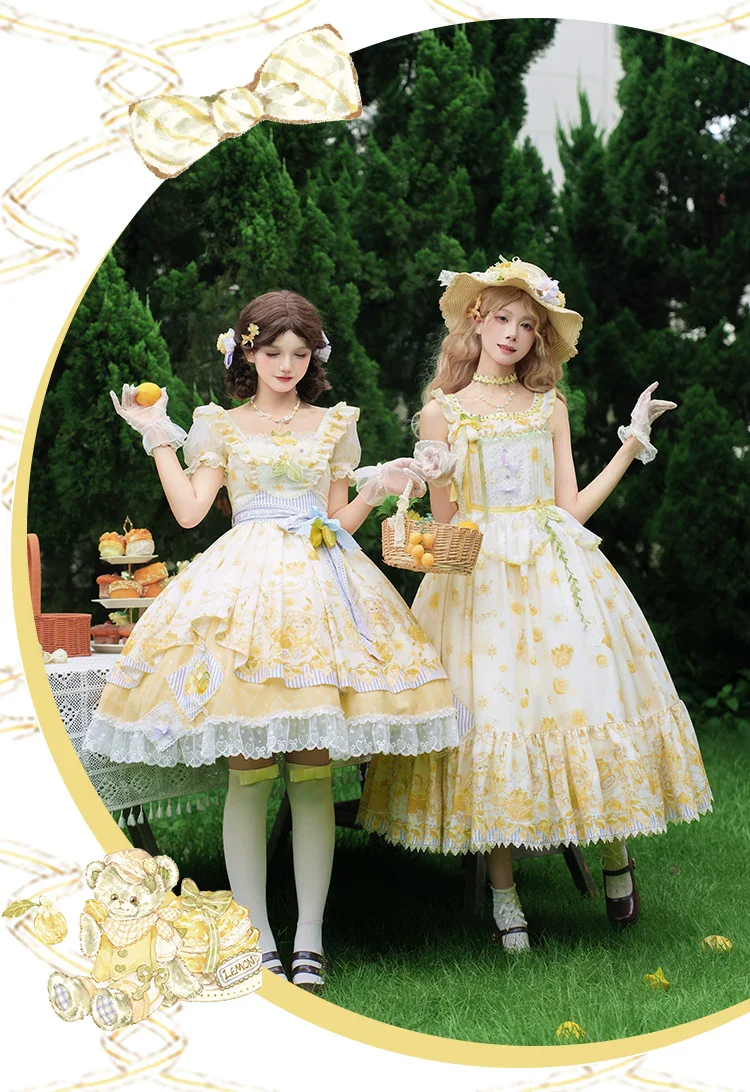 Lemon Drop - Classic Lolita Lemon & Bear Printed OP Dress - Image 11