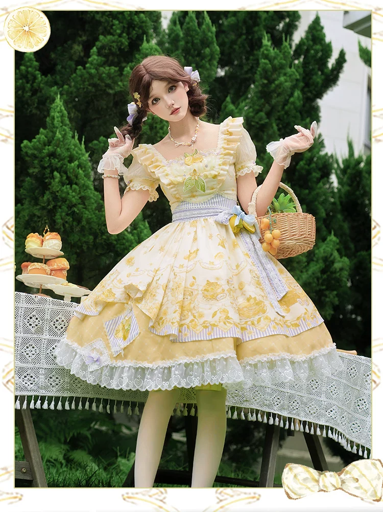 Lemon Drop - Classic Lolita Lemon & Bear Printed OP Dress - Image 3