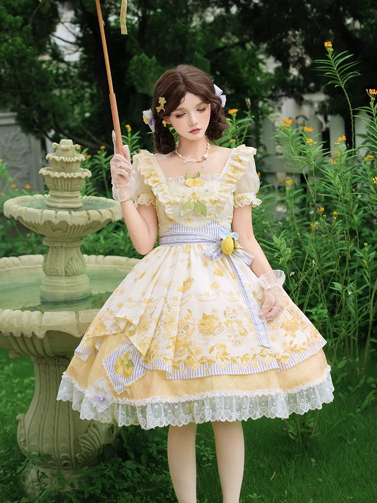 Lemon Drop - Classic Lolita Lemon & Bear Printed OP Dress - Image 4