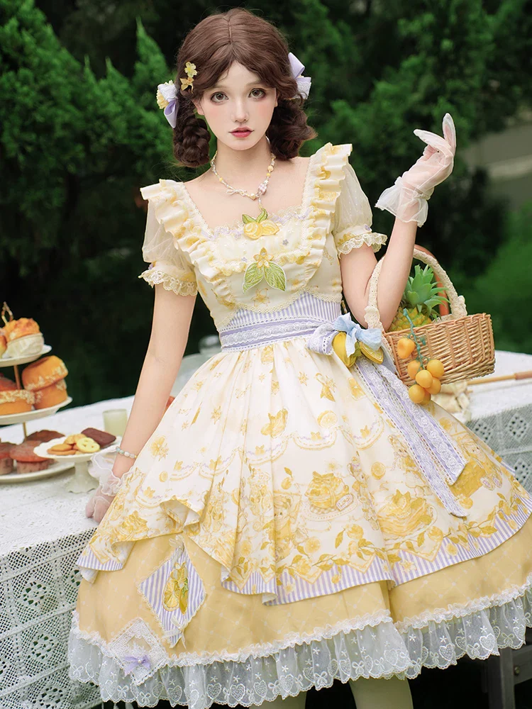 Lemon Drop - Classic Lolita Lemon & Bear Printed OP Dress - Image 5