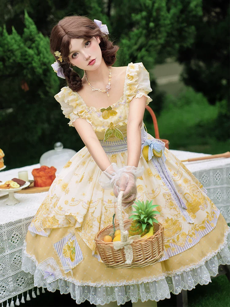 Lemon Drop - Classic Lolita Lemon & Bear Printed OP Dress - Image 6