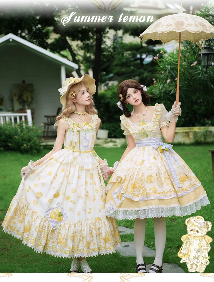 Lemon Drop - Classic Lolita Lemon & Bear Printed OP Dress - Image 7