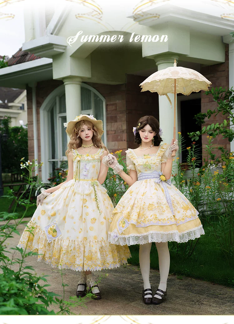 Lemon Drop - Classic Lolita Lemon & Bear Printed OP Dress - Image 8