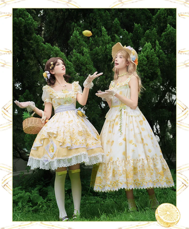 Lemon Drop - Classic Lolita Lemon & Bear Printed OP Dress - Image 9