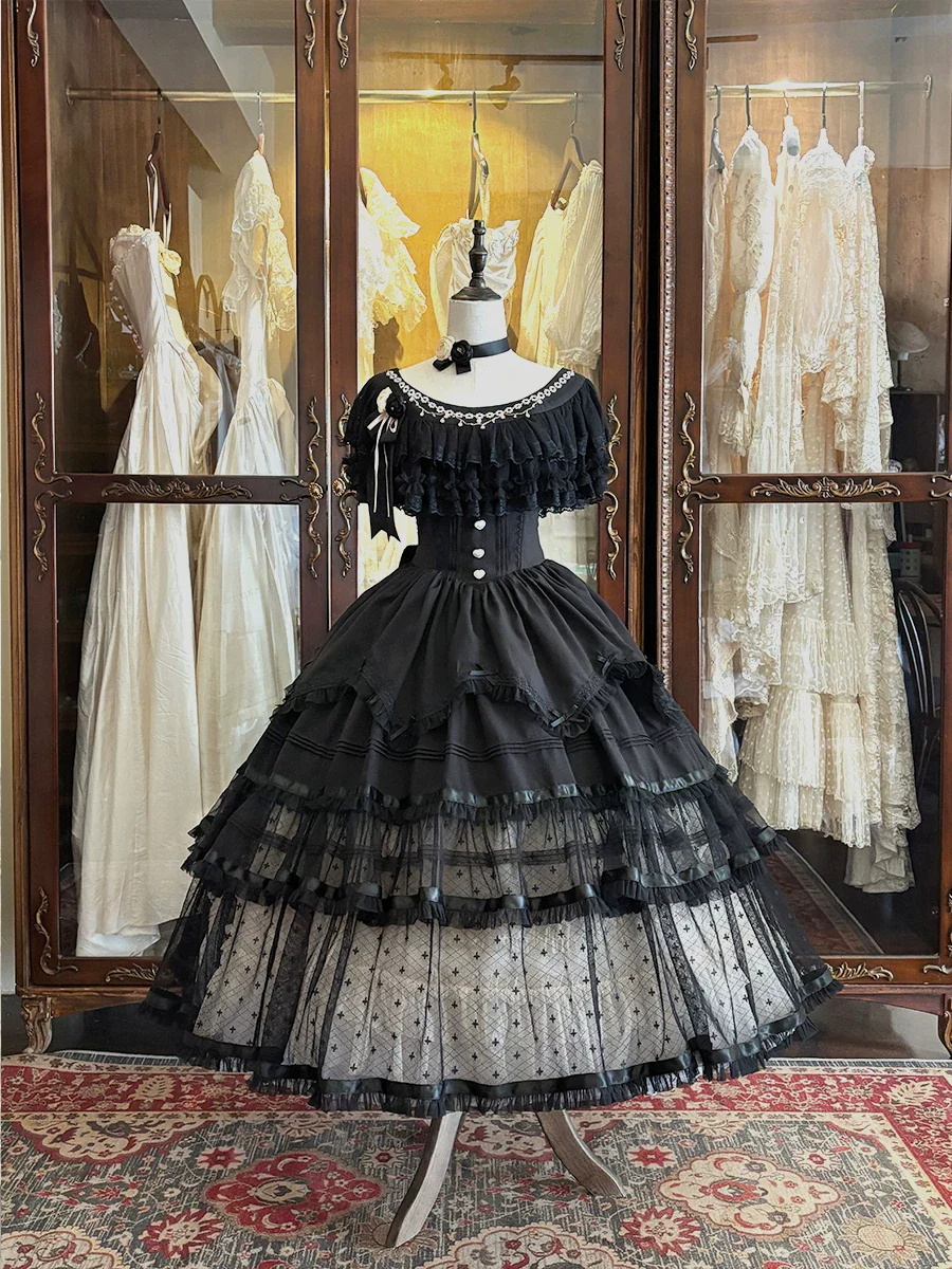 Unnamed Dusk Poem - Classic Lolita OP Dress, Tulle Skirt with Cross Accent