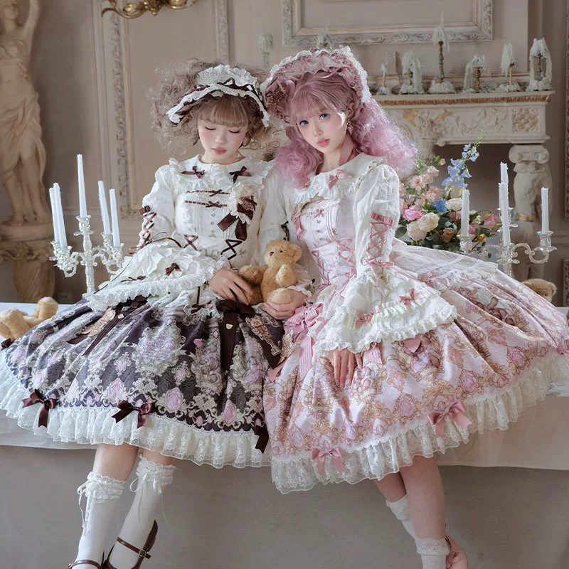 Antique Teddy Bear - Classic Lolita Printed JSK Dress with Ribbon Bows - Image 13