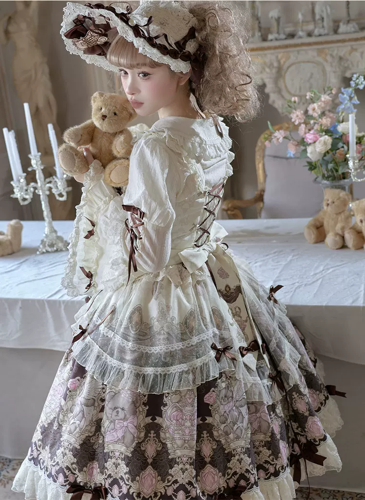 Antique Teddy Bear - Classic Lolita Printed JSK Dress with Ribbon Bows - Image 21