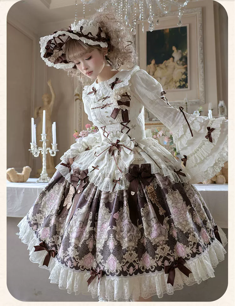 Antique Teddy Bear - Classic Lolita Printed JSK Dress with Ribbon Bows - Image 22