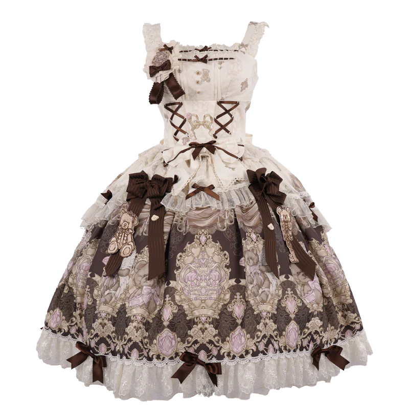 Antique Teddy Bear - Classic Lolita Printed JSK Dress with Ribbon Bows - Image 26