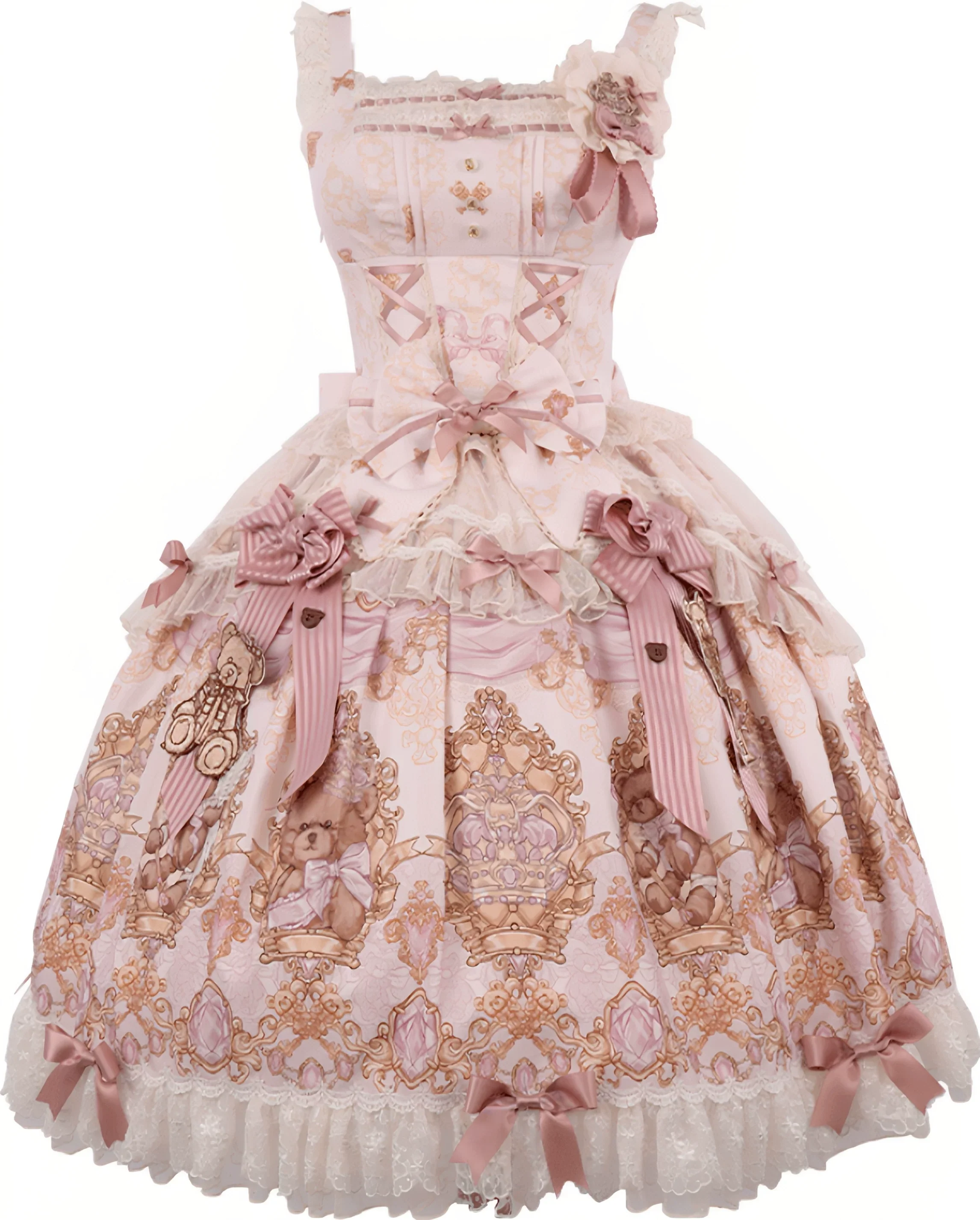 Antique Teddy Bear - Classic Lolita Printed JSK Dress with Ribbon Bows - Image 27