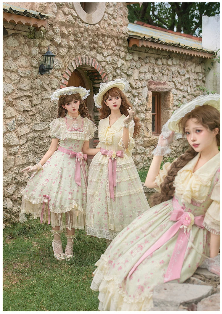 Wind Swept Roses - Classic Lolita Rose Printed Dress Set, Petal Hem - Image 11