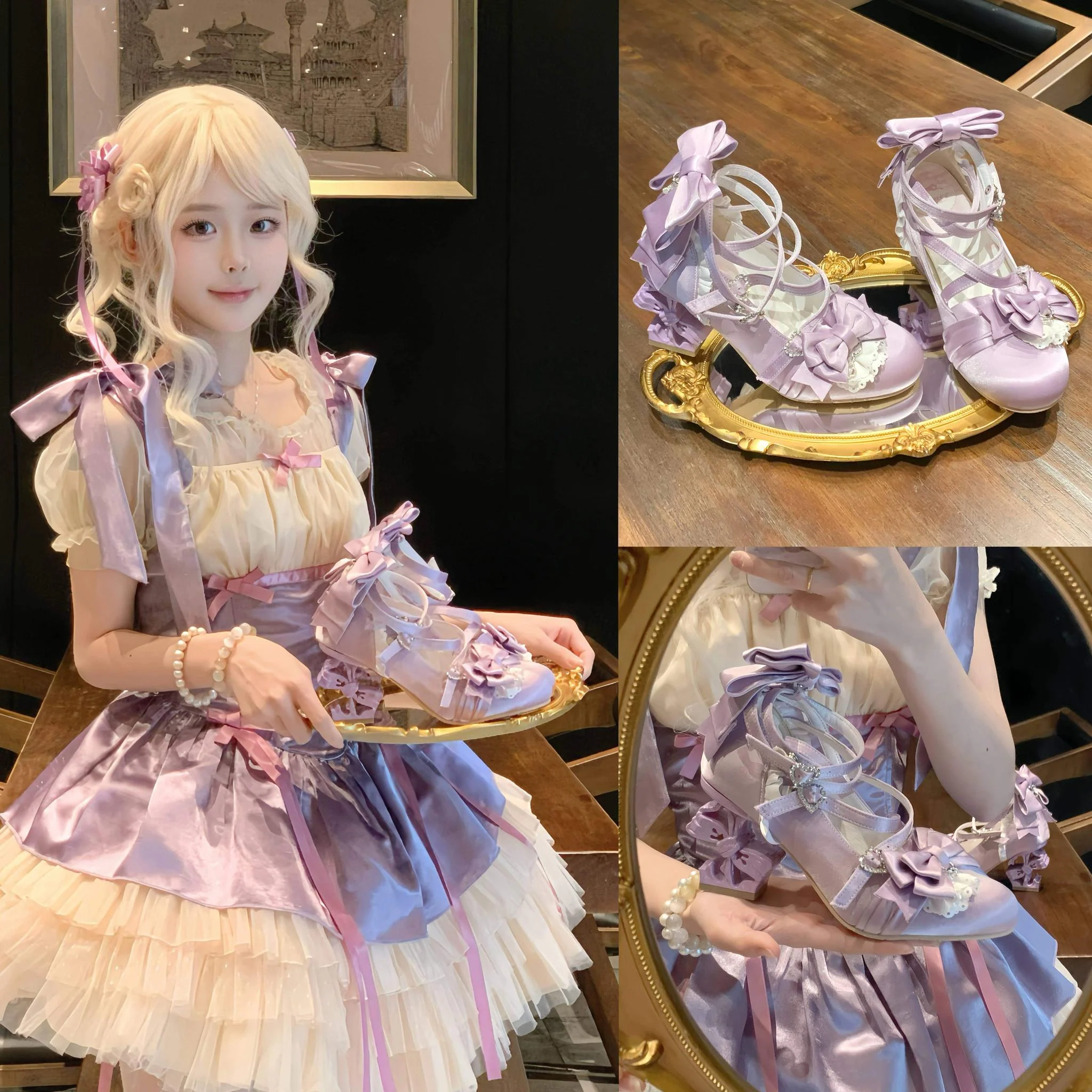 Thousand Knots - Classic Lolita Satin Heels Shoes, Bow-shaped Heel - Image 25