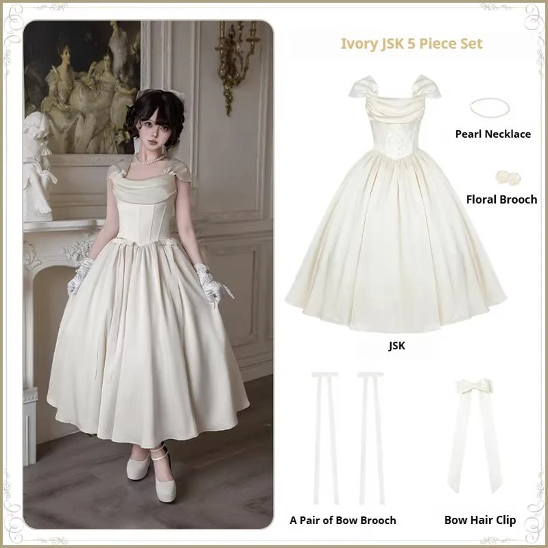 For Beloved - Classic Lolita Satin JSK Dress Set, Fishbone Waist - Image 45