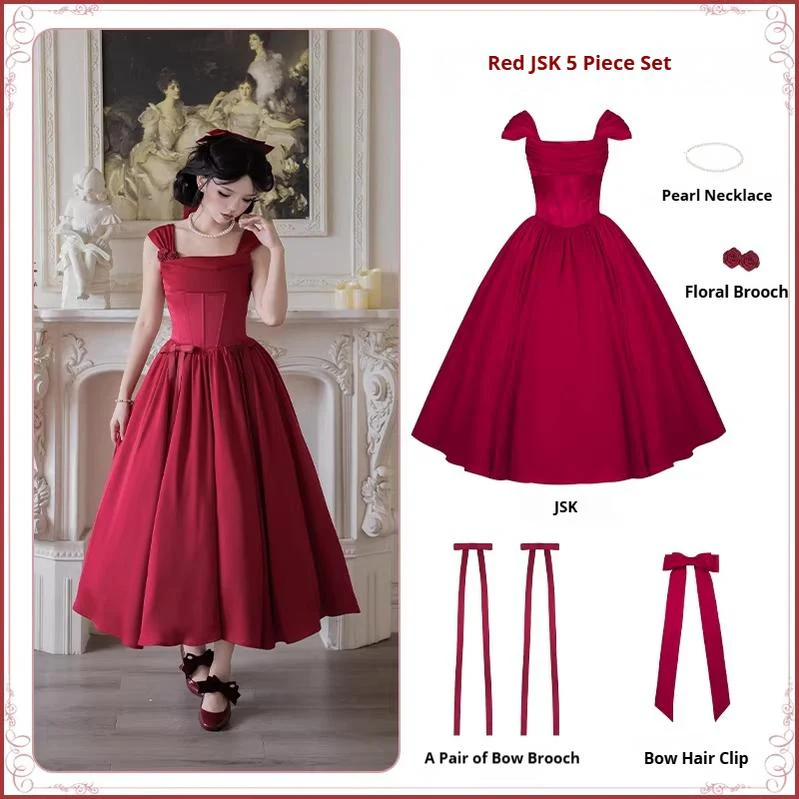 For Beloved - Classic Lolita Satin JSK Dress Set, Fishbone Waist - Image 49