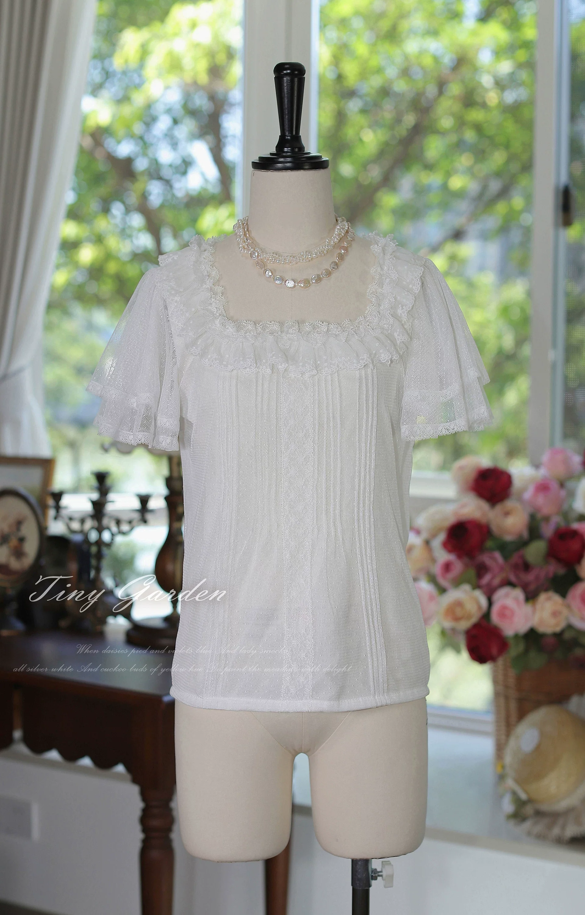 Classic Lolita Square Neck Polka-dot Tulle Blouse - Image 2