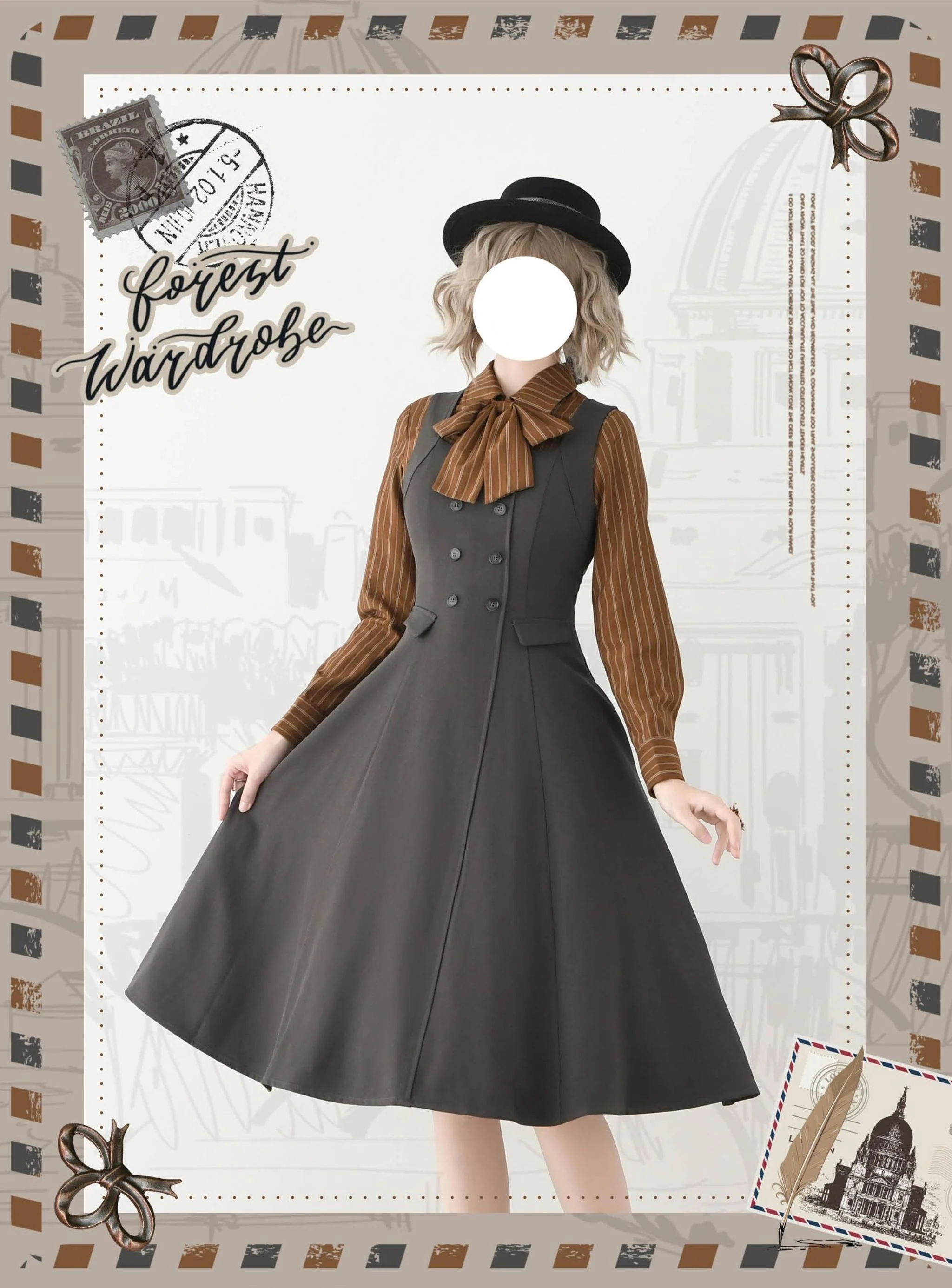 Forest Ode - Classic Lolita Striped Shirt, Detachable Bow Tie - Image 10