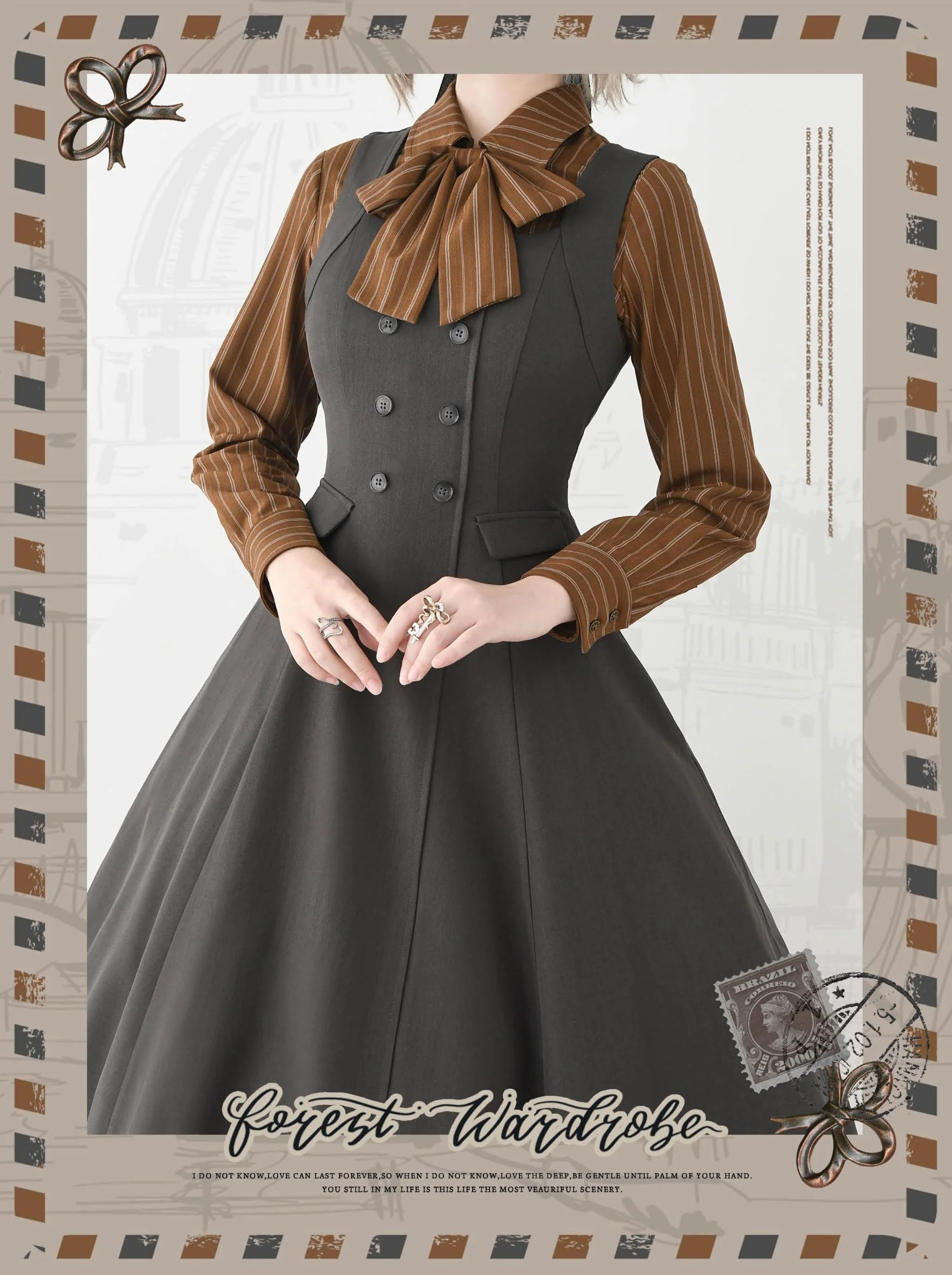 Forest Ode - Classic Lolita Striped Shirt, Detachable Bow Tie - Image 11
