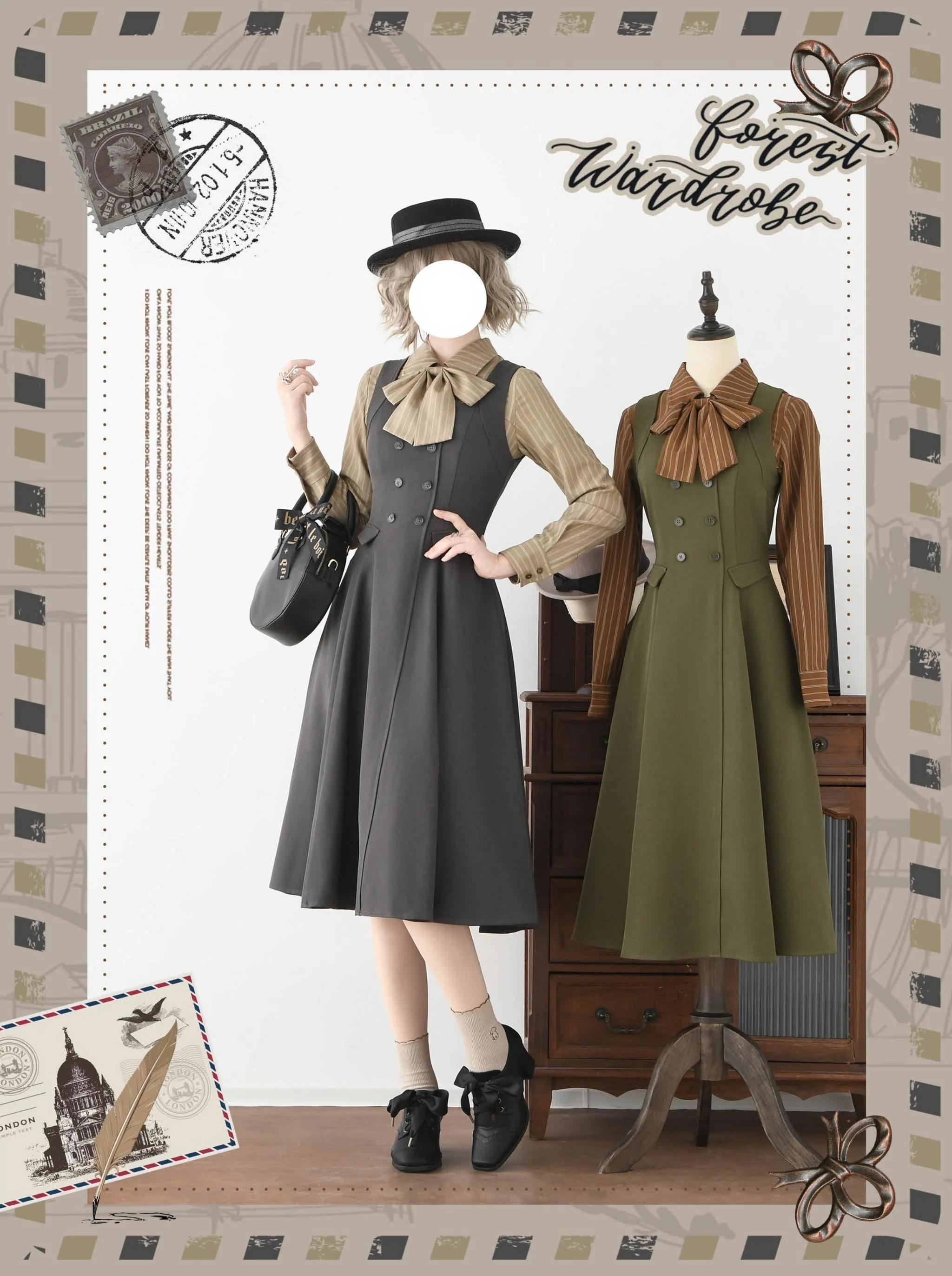 Forest Ode - Classic Lolita Striped Shirt, Detachable Bow Tie - Image 6