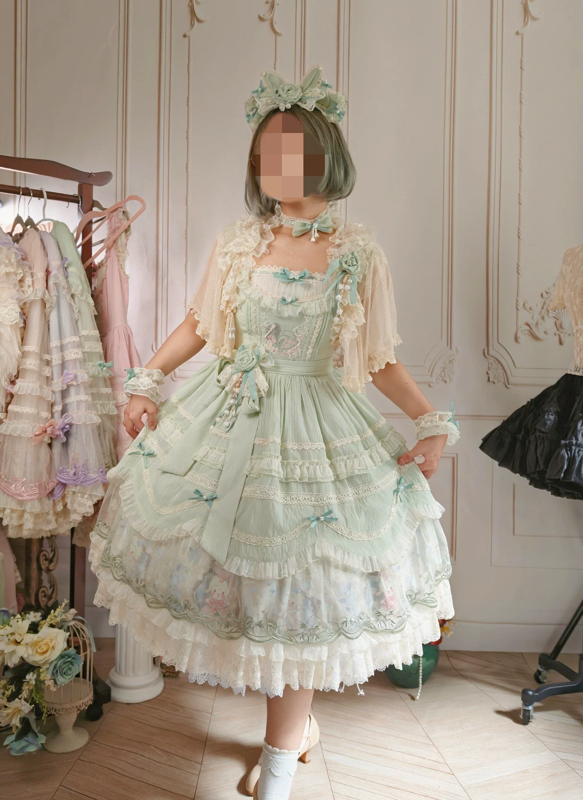 Lily of the Valley Lamb - Classic Lolita Tiered Hem JSK Dress with Embroidery - Image 37