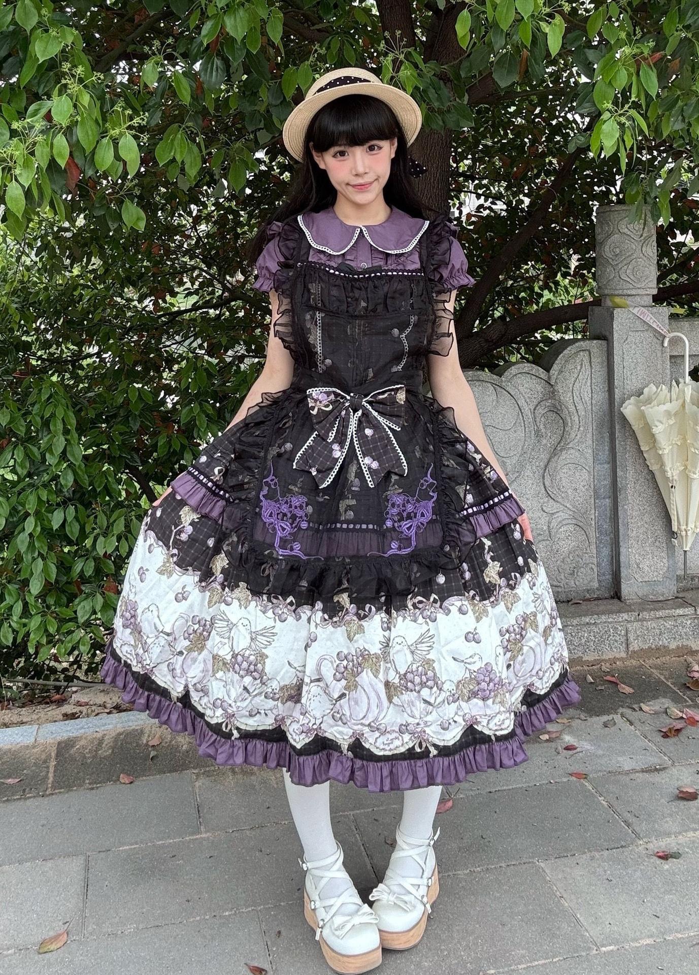 Grape Season - Cotton Classic Lolita Grape Printed OP & JSK Dress - Image 13