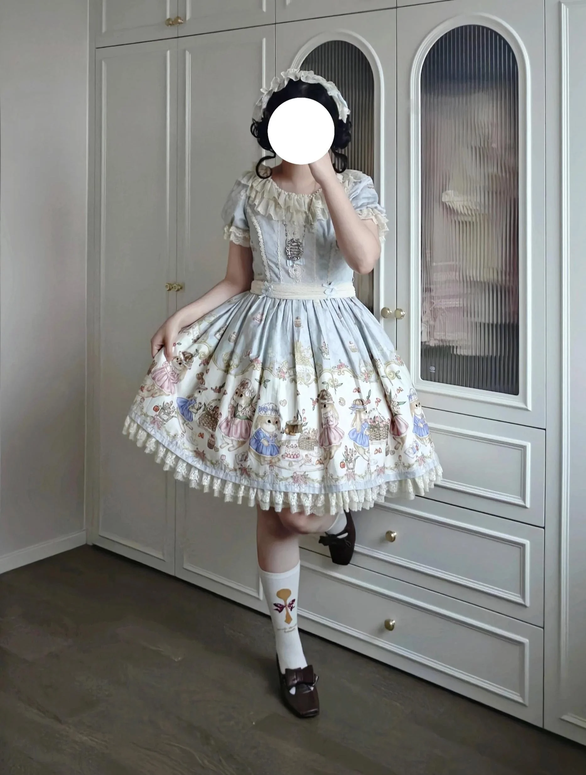 Picnic Bunny - Cotton Daily Doll-like Lolita OP Dress, Bunny Print - Image 7