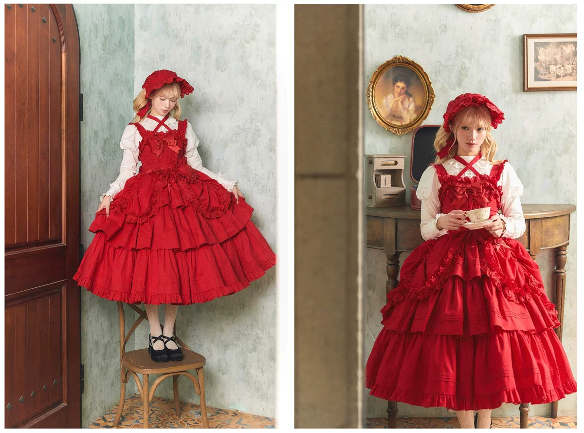 Cotton Gothic Lolita Long JSK, Drawn-up Hem - Image 28