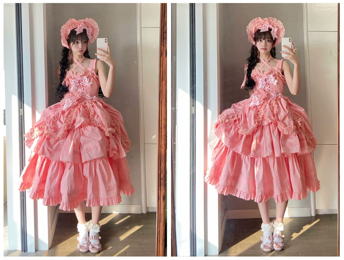 Cotton Gothic Lolita Long JSK, Drawn-up Hem - Image 35