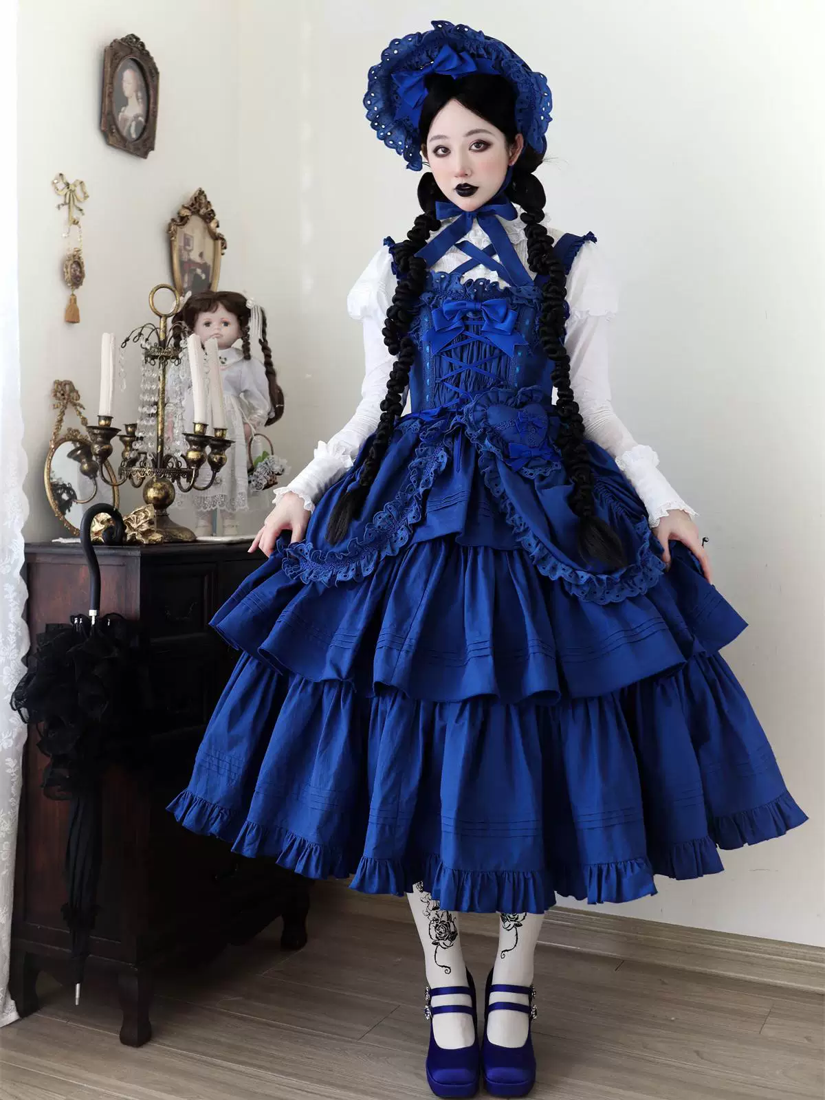 Cotton Gothic Lolita Long JSK, Drawn-up Hem - Image 40