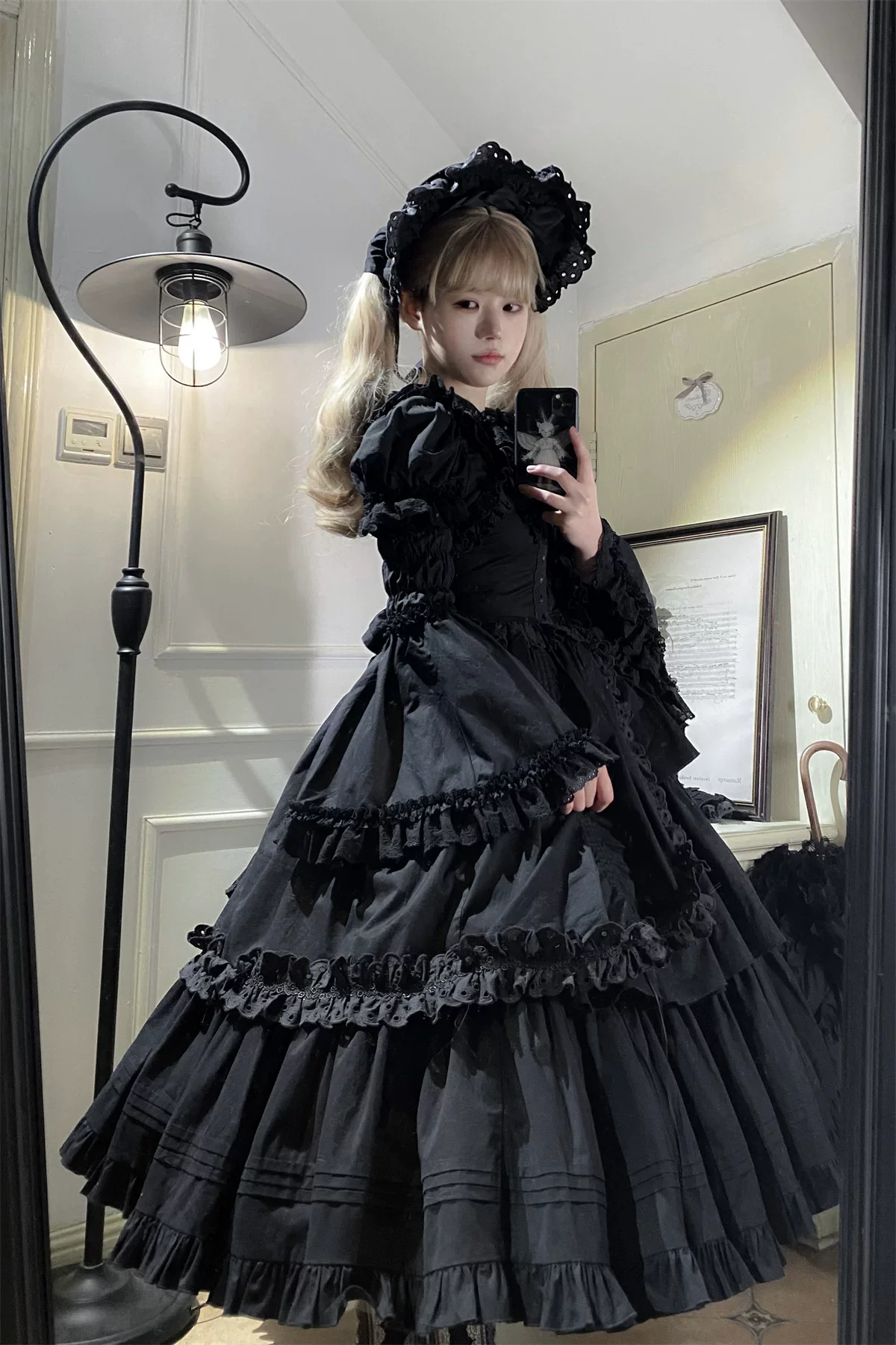 Cotton Gothic Lolita Long JSK, Drawn-up Hem - Image 63