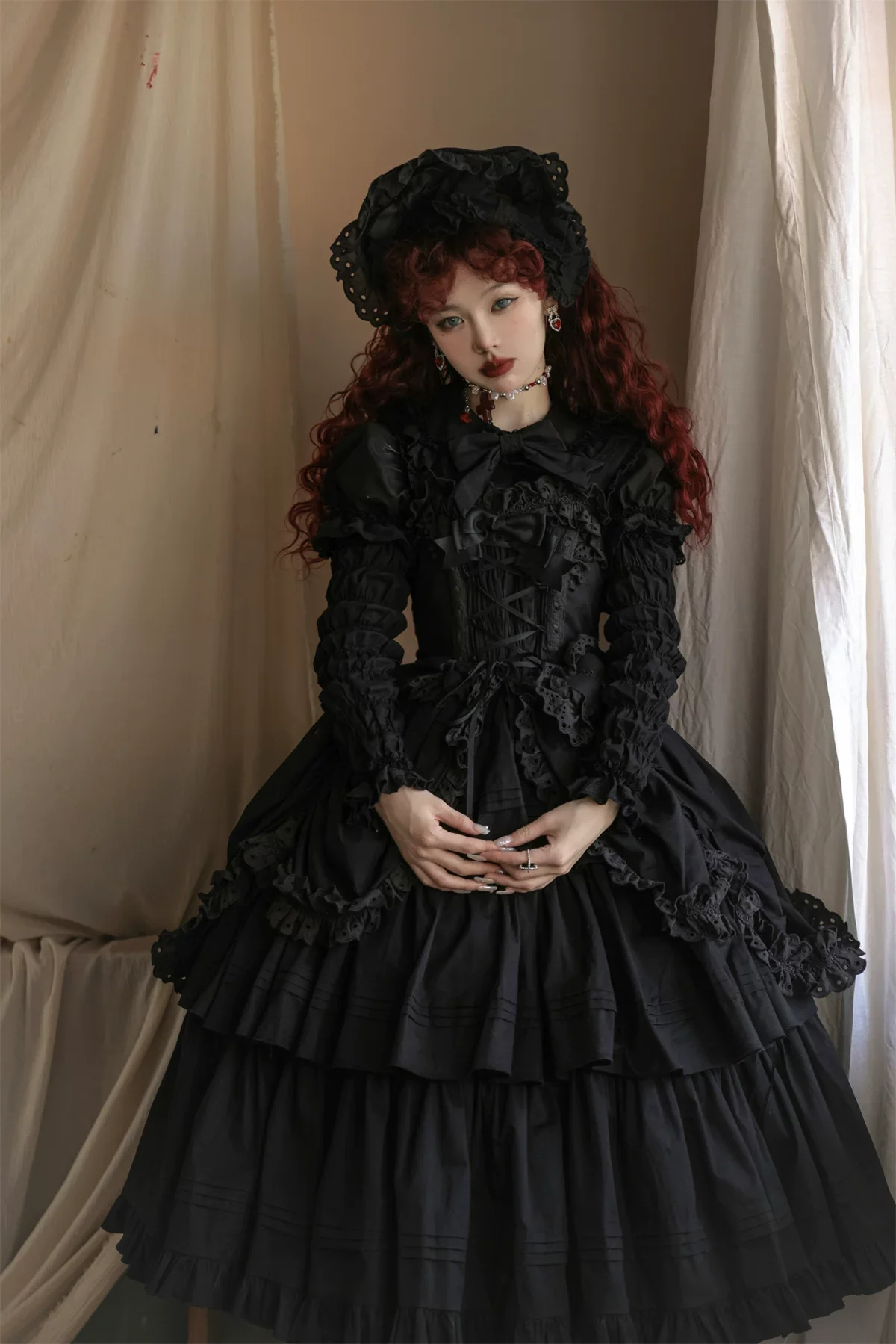 Cotton Gothic Lolita Long JSK, Drawn-up Hem - Image 67