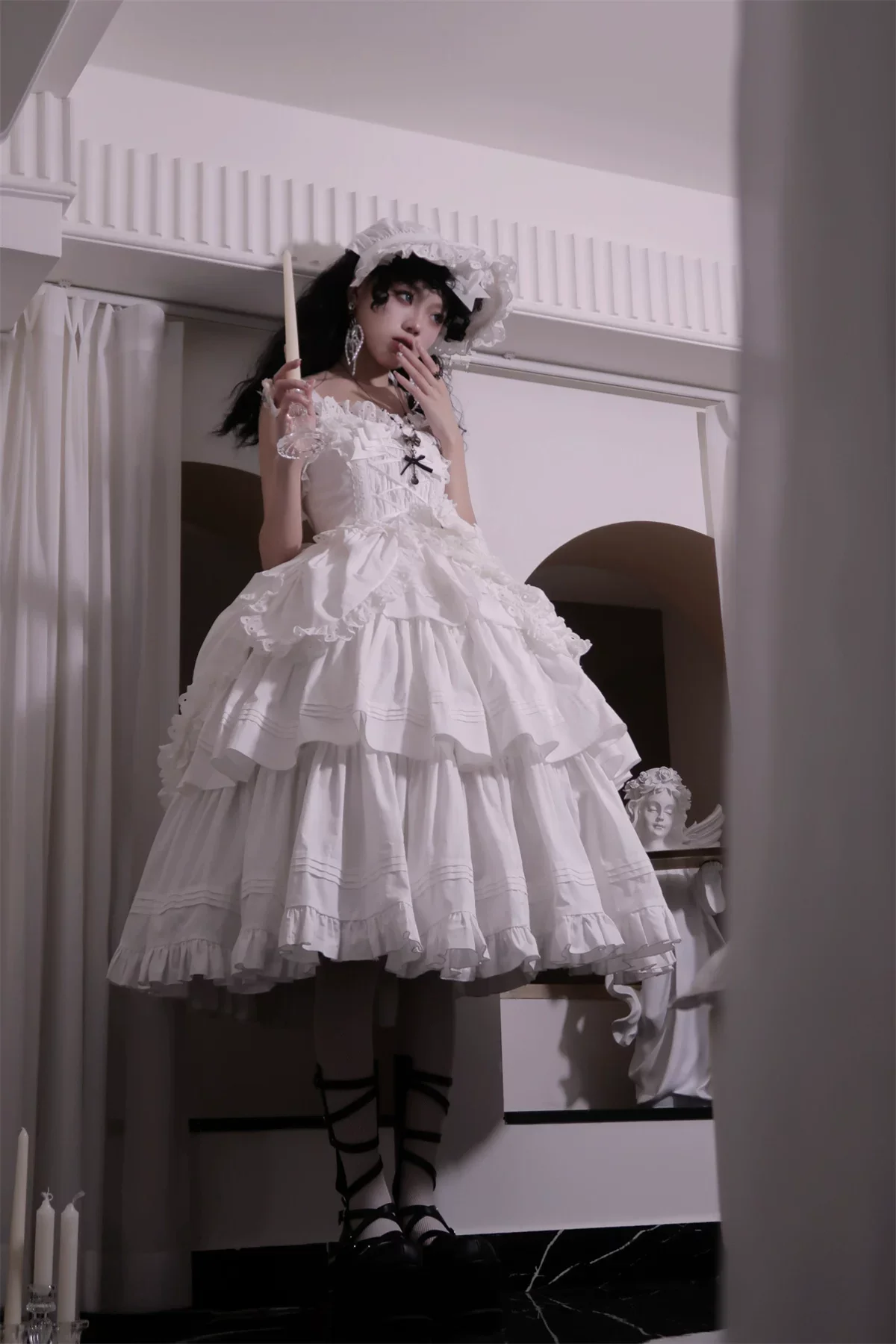 Cotton Gothic Lolita Long JSK, Drawn-up Hem - Image 83