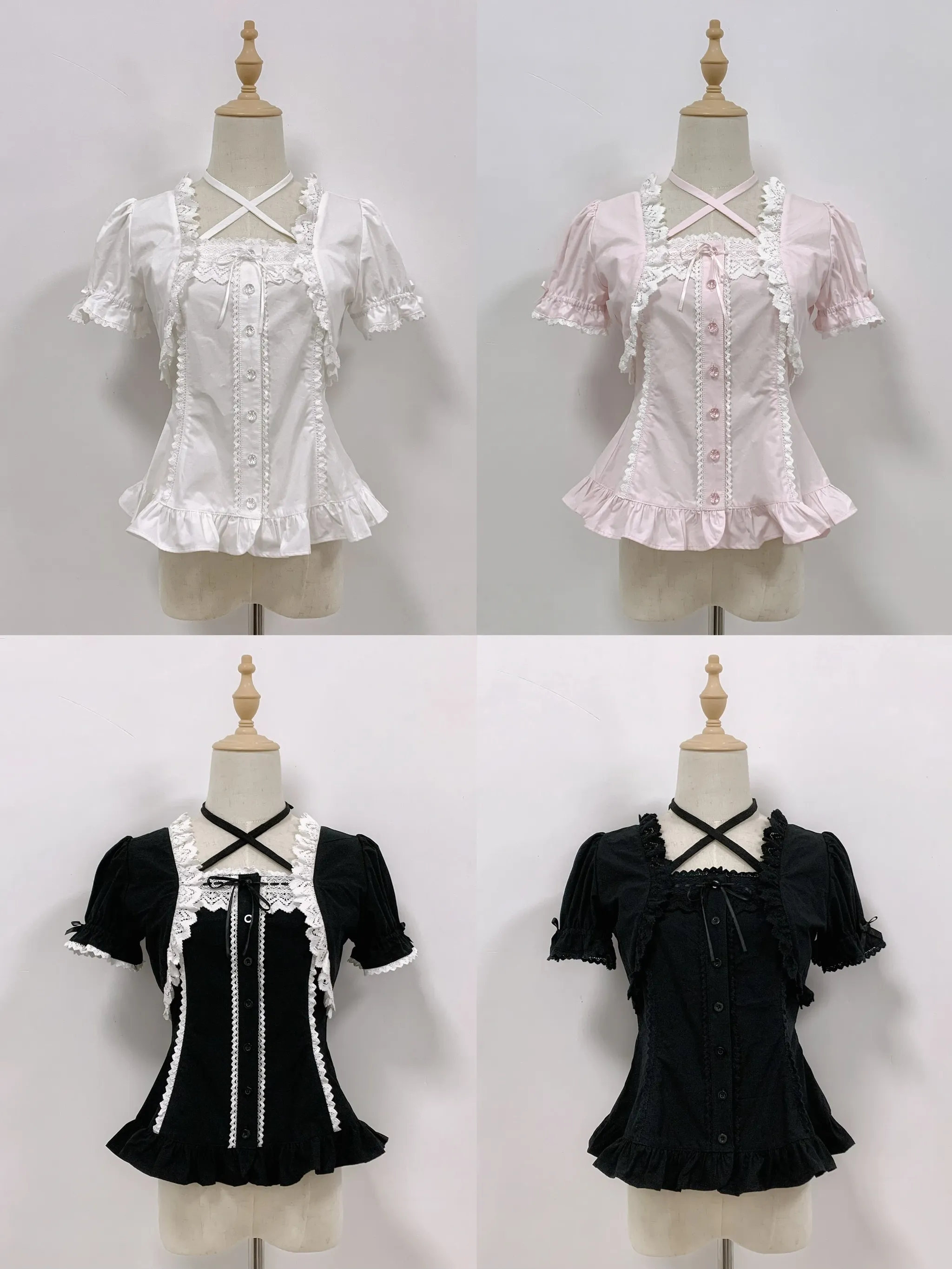 Haruhime Momoko - Cotton Old School Lolita Blouse, Cross Halter Neck - Image 10