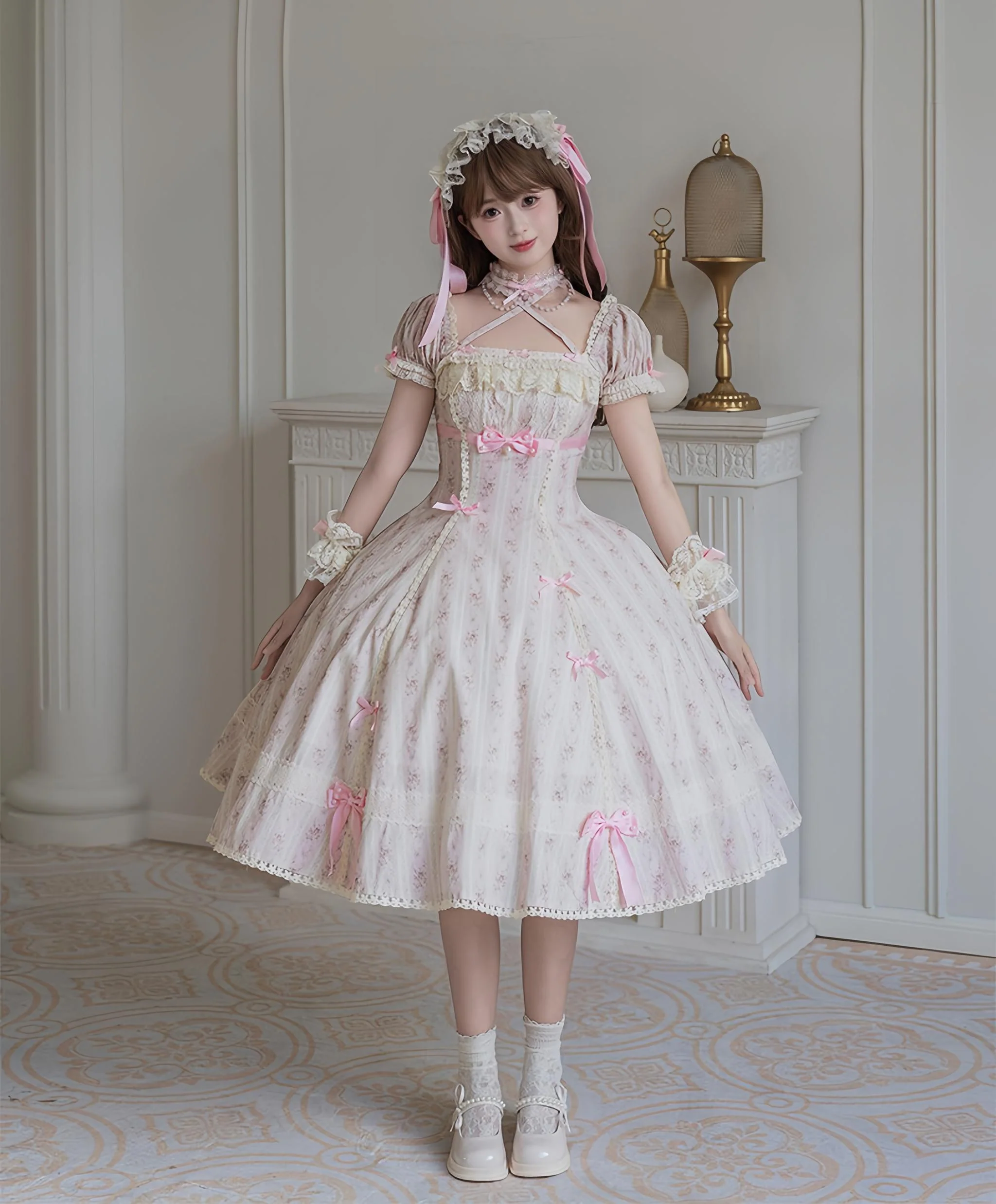 Garden Encounter of Three Springs - Cotton Old School Lolita Floral Print OP, Lace Back Opening - Image 2