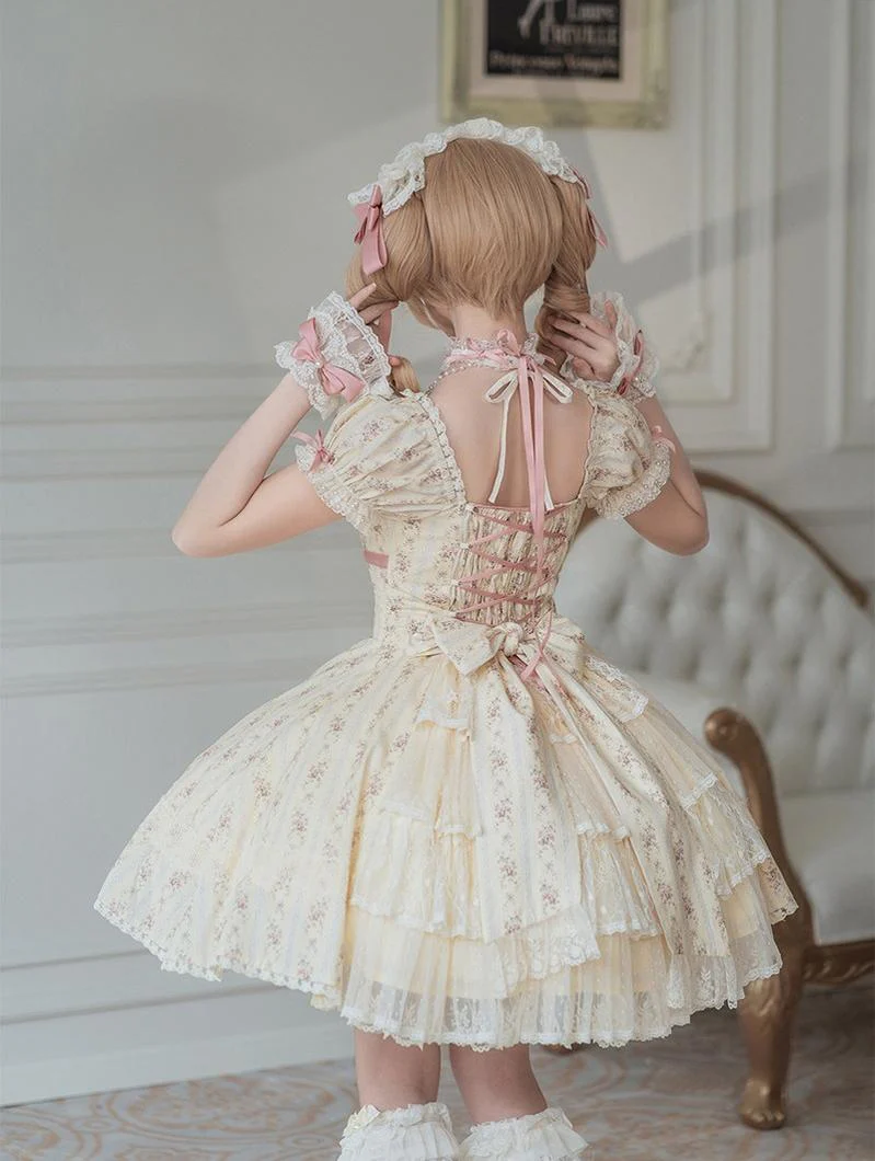 Garden Encounter of Three Springs - Cotton Old School Lolita Floral Print OP, Lace Back Opening - Image 8