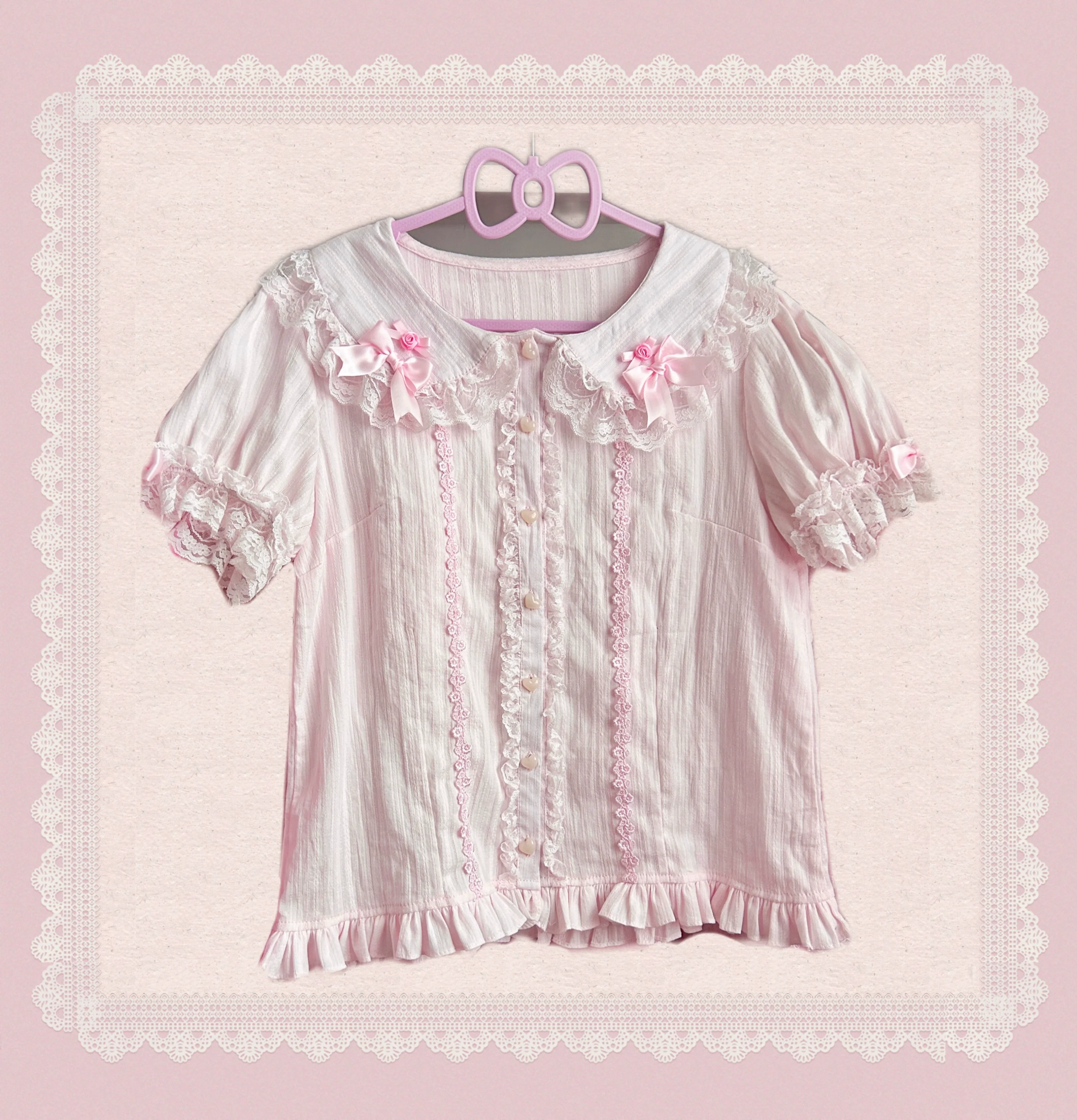 Otome Heart - Cotton Old School Lolita JSK Dress Suit, Heart-Shaped Lace Trim - Image 10