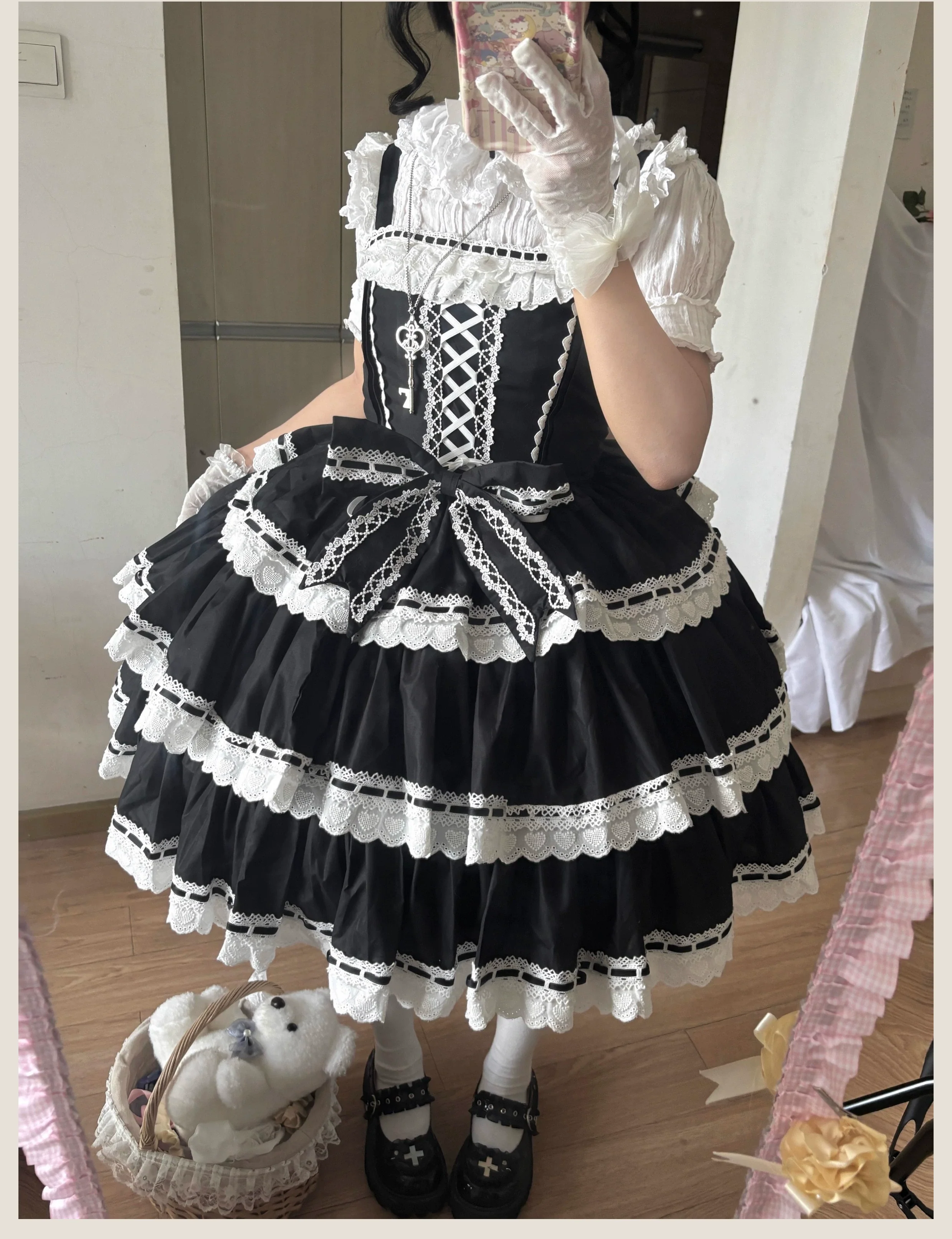 Otome Heart - Cotton Old School Lolita JSK Dress Suit, Heart-Shaped Lace Trim - Image 13
