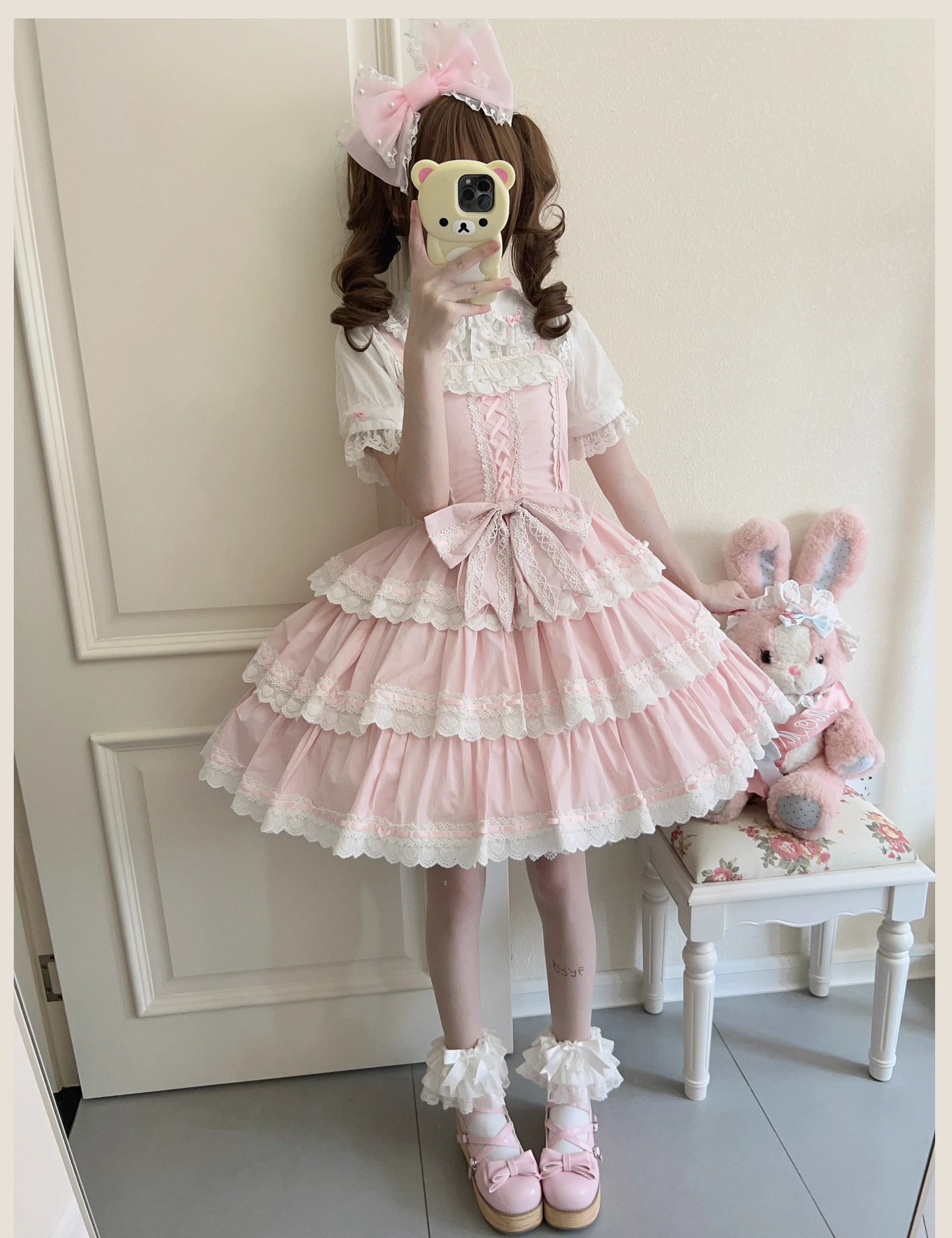 Otome Heart - Cotton Old School Lolita JSK Dress Suit, Heart-Shaped Lace Trim - Image 17