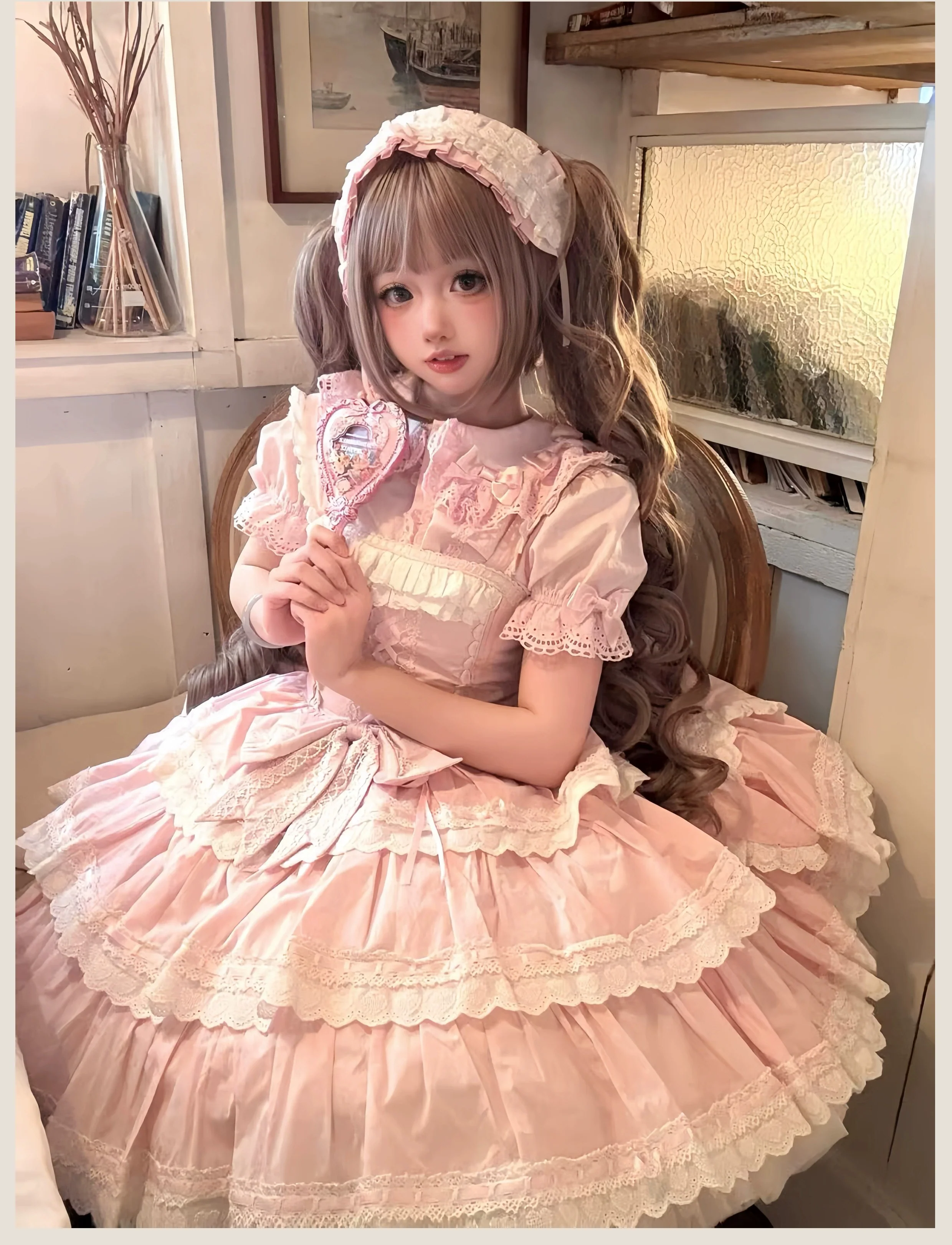 Otome Heart - Cotton Old School Lolita JSK Dress Suit, Heart-Shaped Lace Trim - Image 31