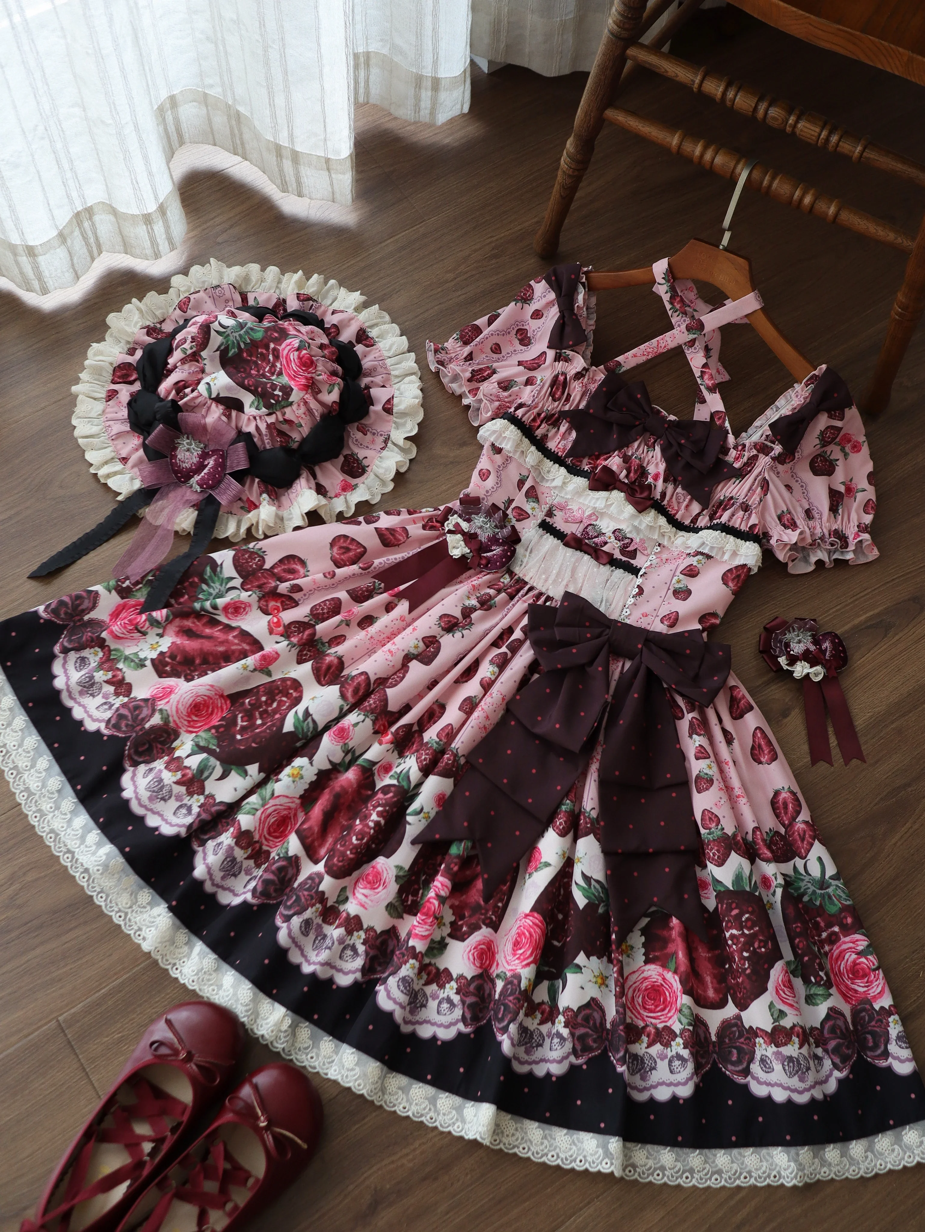 Dark Berry Fairytale - Cotton Sweet Lolita Strawberry Printed OP & JSK Dress - Image 10