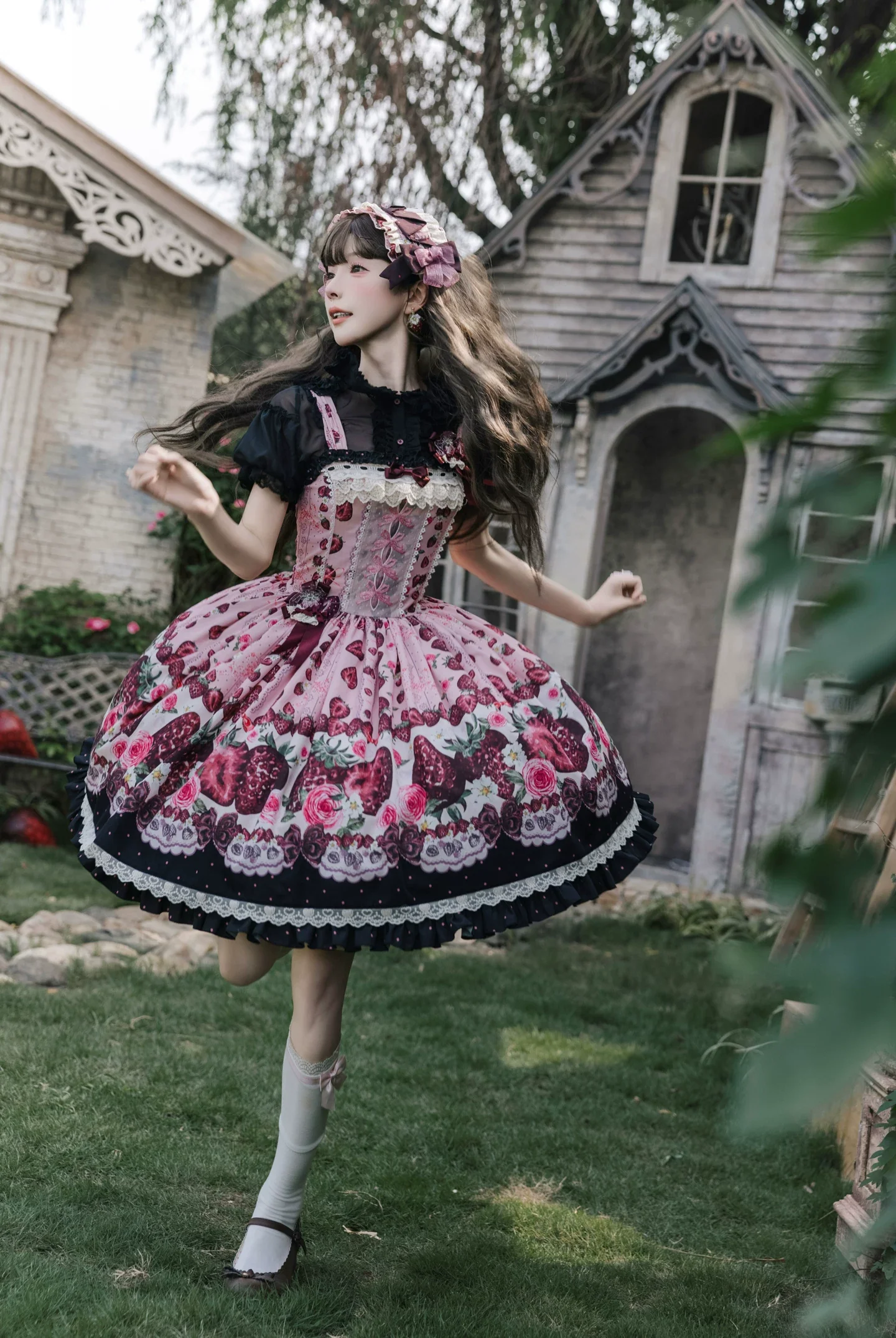 Dark Berry Fairytale - Cotton Sweet Lolita Strawberry Printed OP & JSK Dress - Image 5