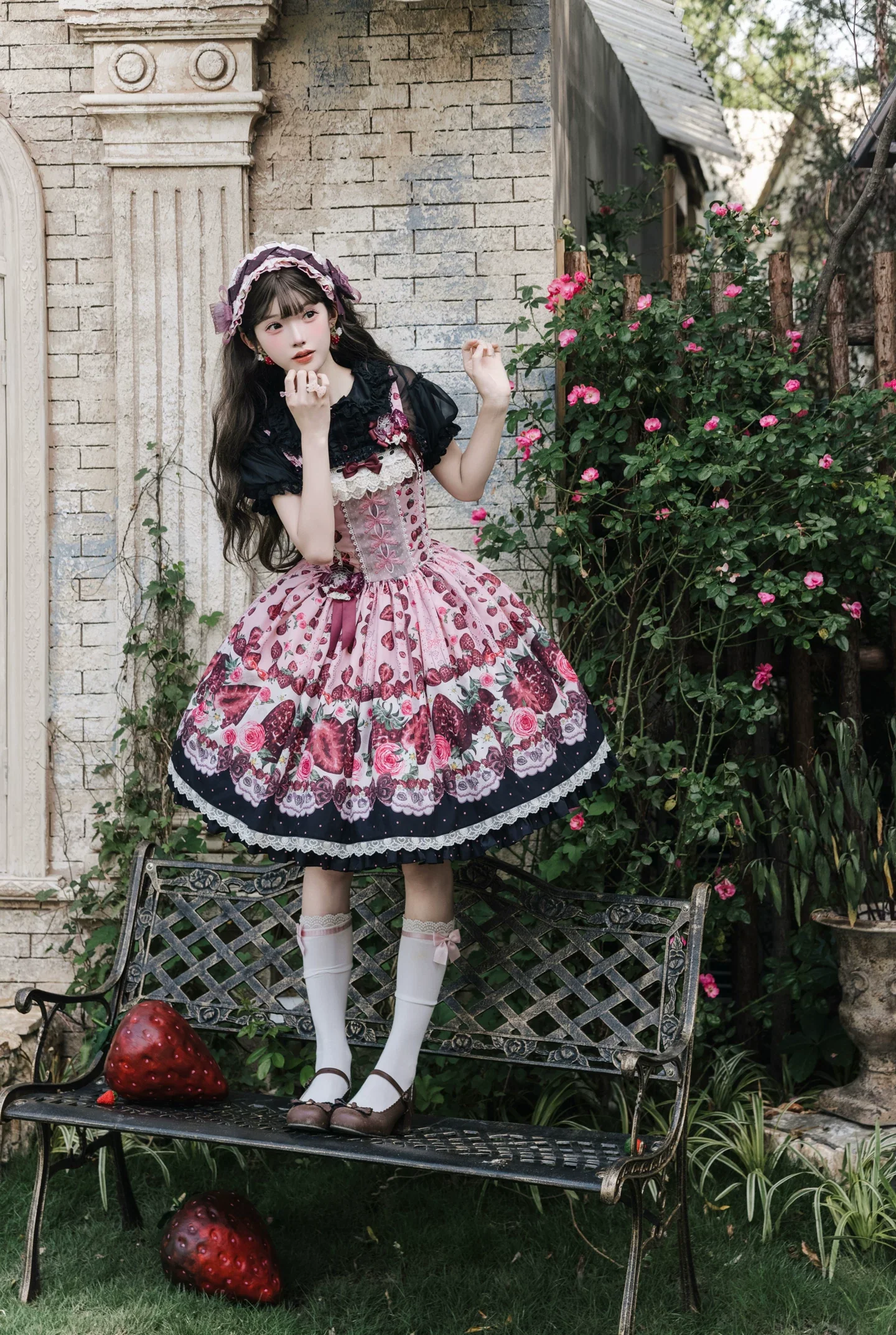 Dark Berry Fairytale - Cotton Sweet Lolita Strawberry Printed OP & JSK Dress - Image 6