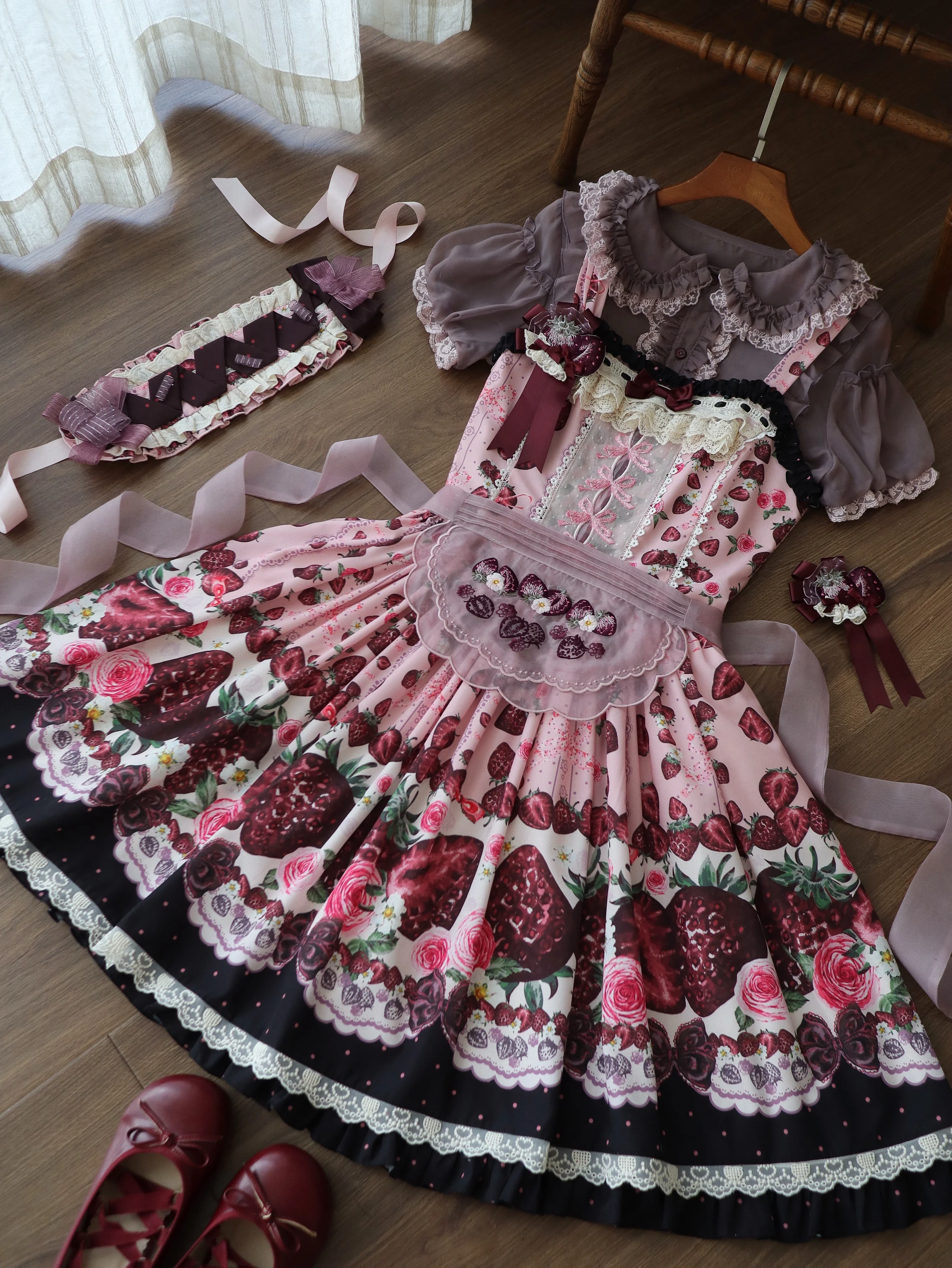 Dark Berry Fairytale - Cotton Sweet Lolita Strawberry Printed OP & JSK Dress - Image 8