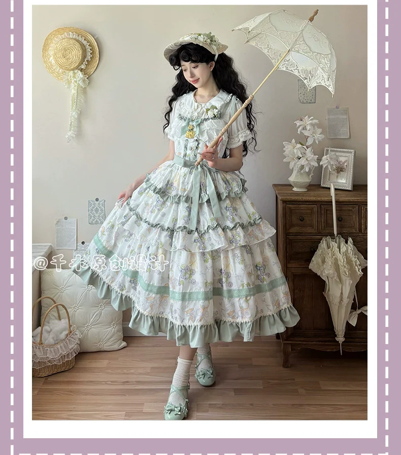 Qianmu - Blueberry Midsummer - Country Lolita Tiered JSK, Blueberry Print - Image 12