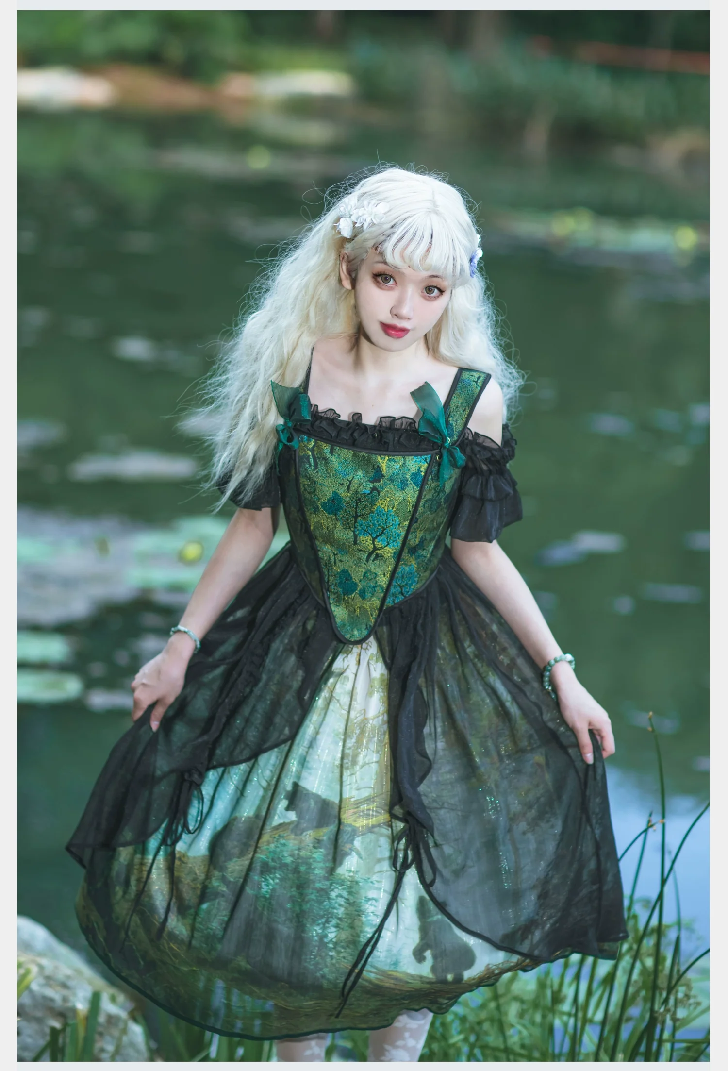 Cyan - Morning of Pine Forest - Elegant Lolita Bear Print Skirt - Image 15