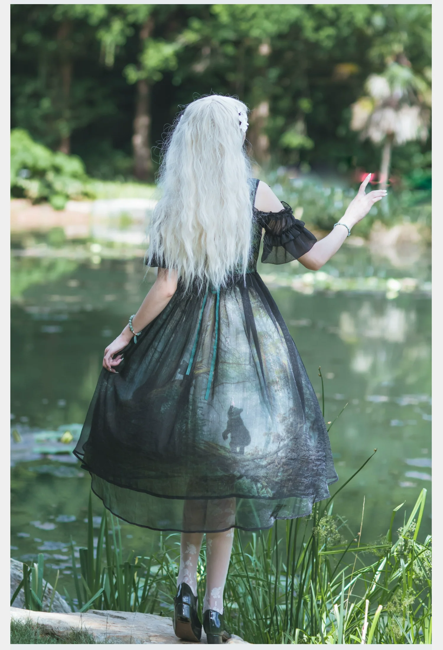 Cyan - Morning of Pine Forest - Elegant Lolita Bear Print Skirt - Image 16