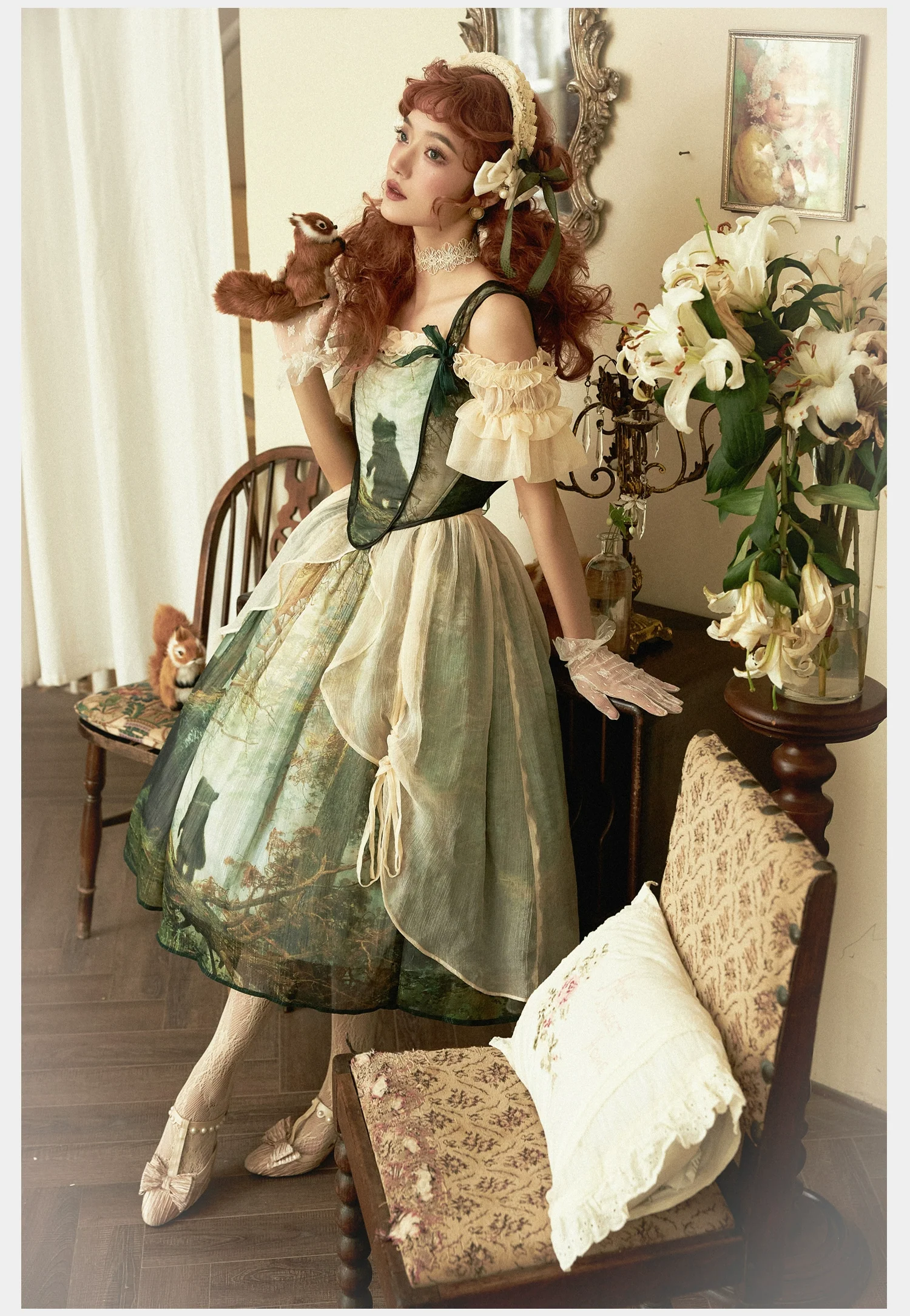 Cyan - Morning of Pine Forest - Elegant Lolita Bear Print Skirt - Image 6