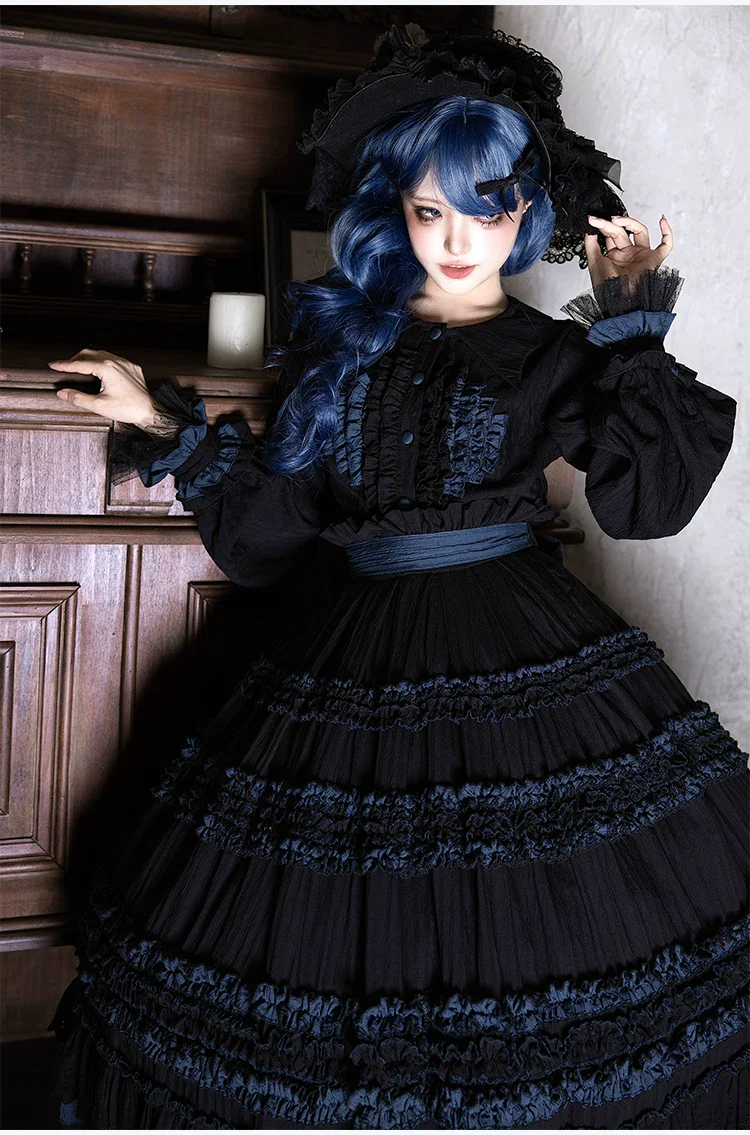 Wings and Bouquet - Dark Classic Lolita Blouse and SK Set, Layered Blue Ruffles - Image 10