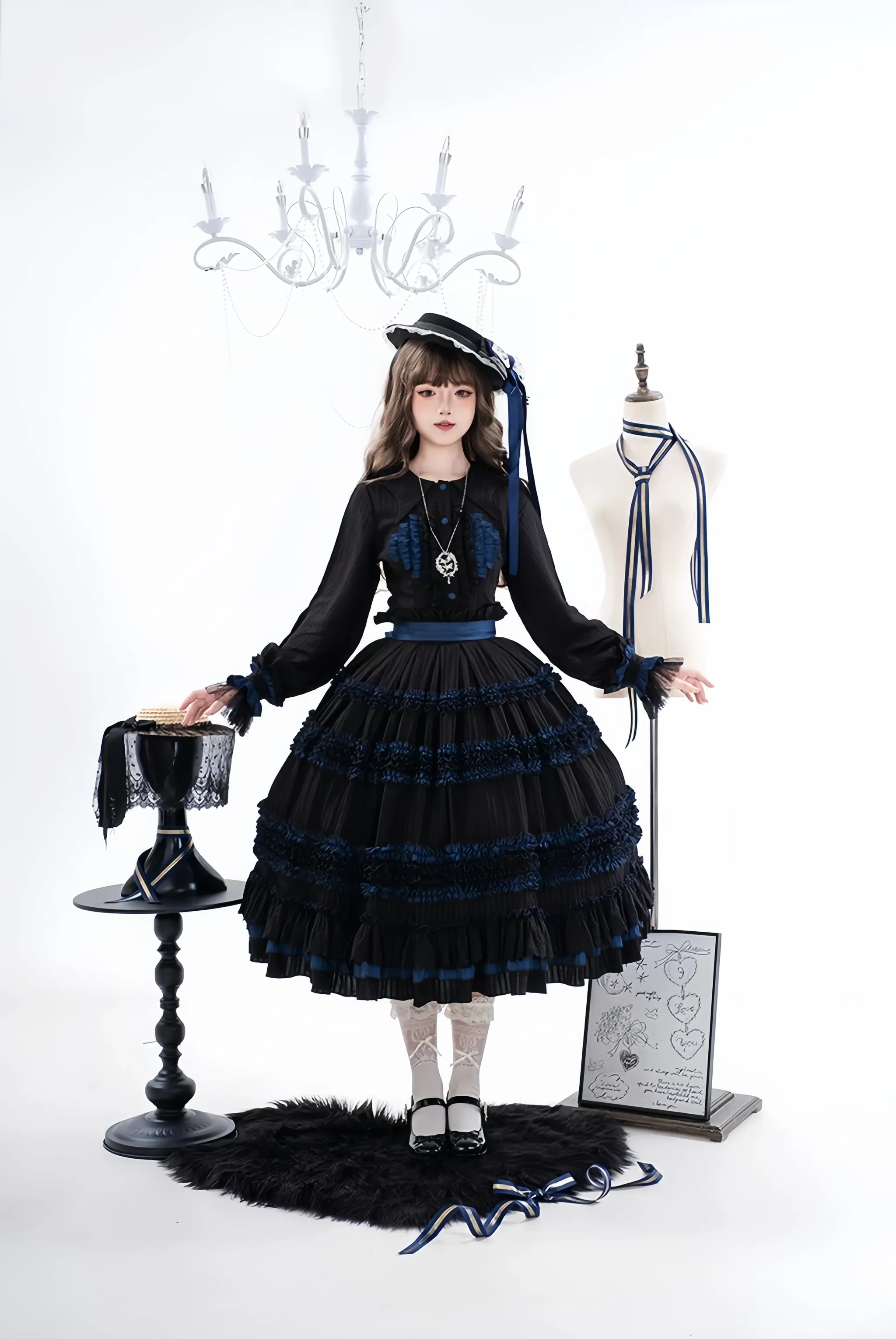 Wings and Bouquet - Dark Classic Lolita Blouse and SK Set, Layered Blue Ruffles - Image 3